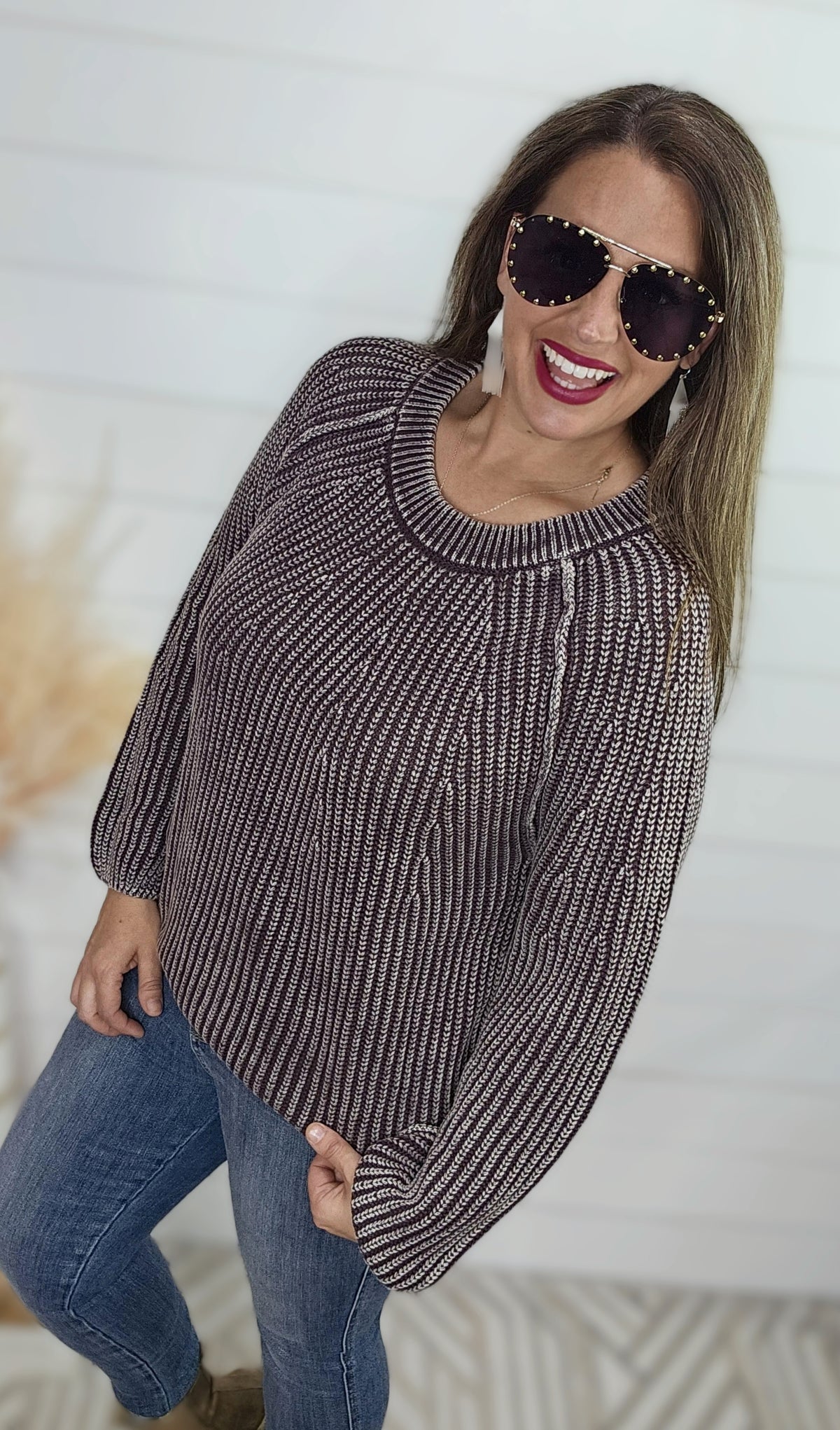 PLUM MINERAL WASH CREW NECK PULLOVER SWEATER