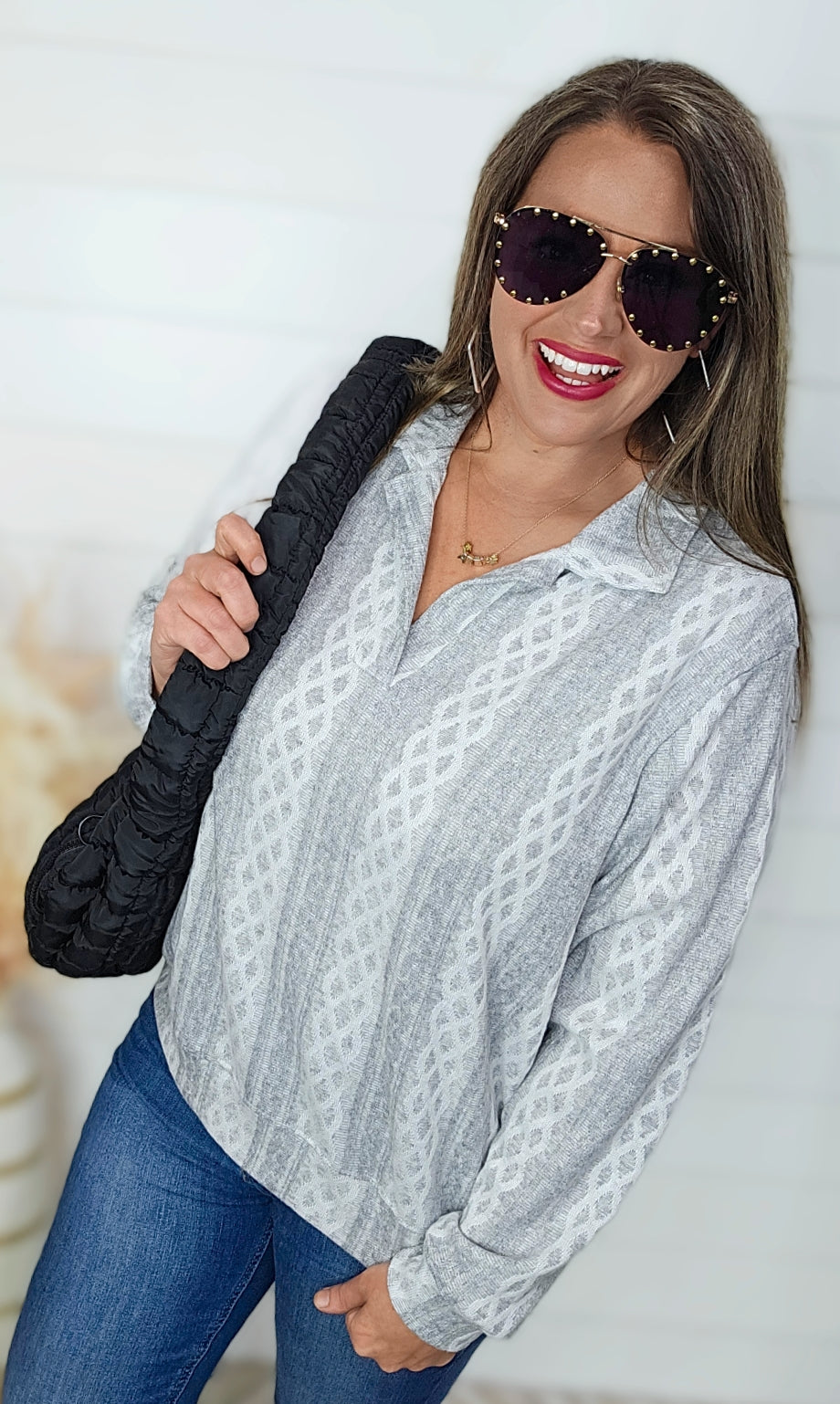 HEATHER GREY PRINTED TEXTURED V NECK LONG SLEEVE TOP