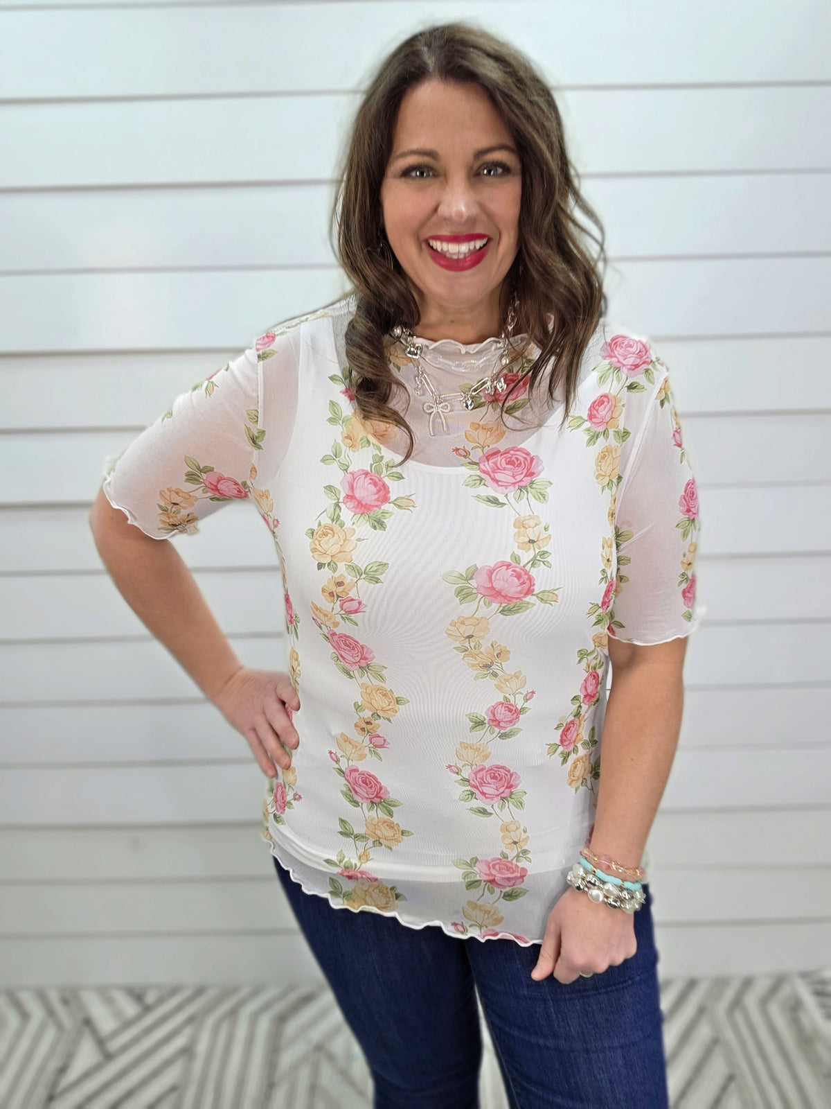 WHITE MESH FLORAL TOP