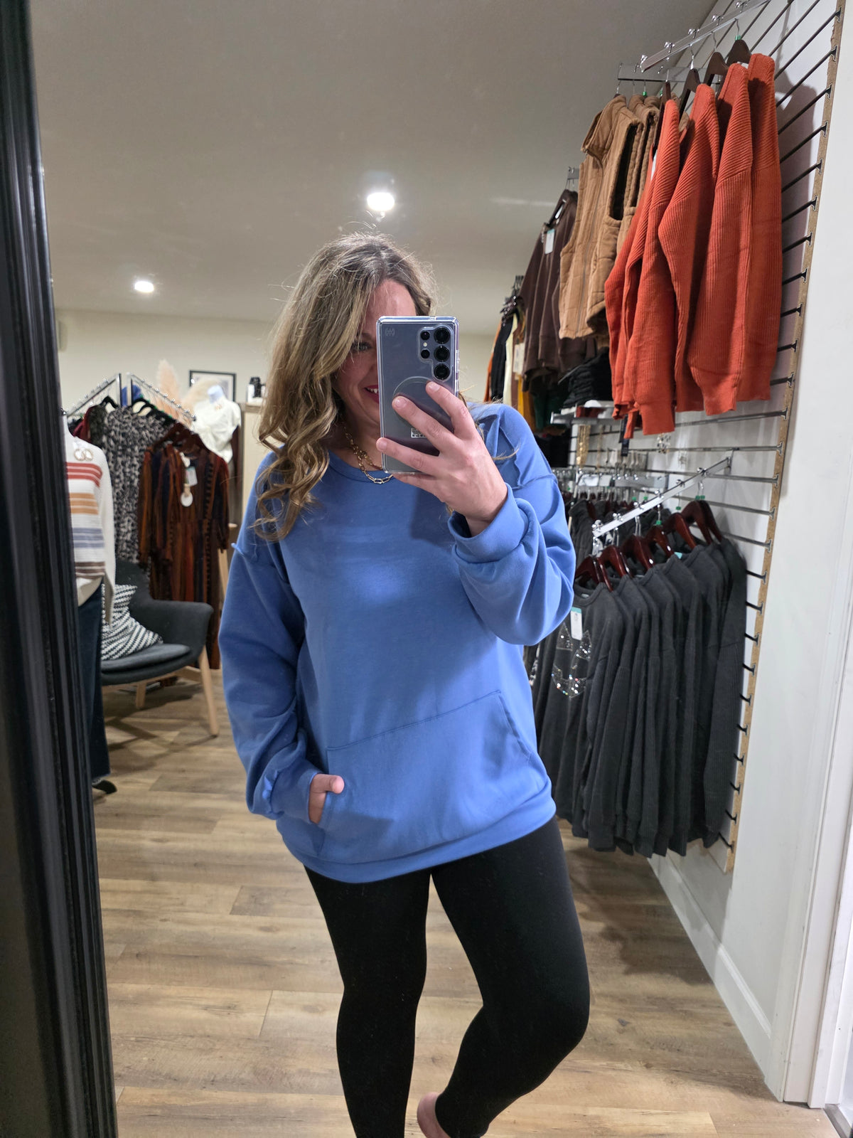 DENIM SCUBA CREW NECK PULLOVER WITH KANGAROO POCKET