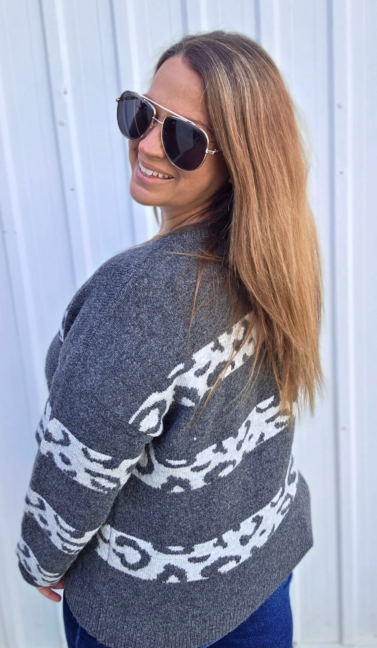 Charcoal Leopard Color Block Crew Neck Pullover Sweater