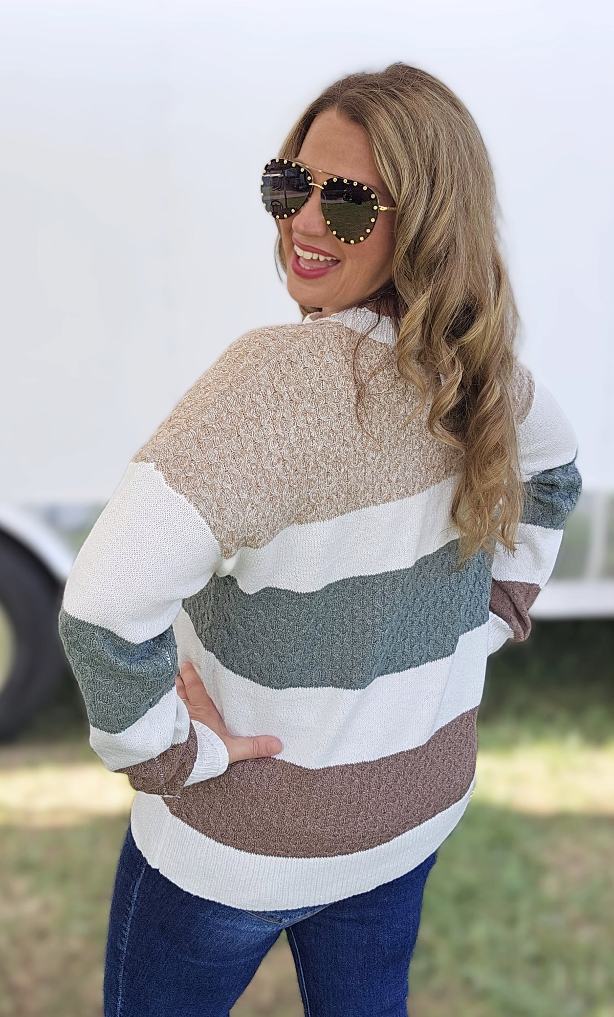 OLIVE/MOCHA TEXTURED COLORBLOCK KNIT SOFT SWEATER