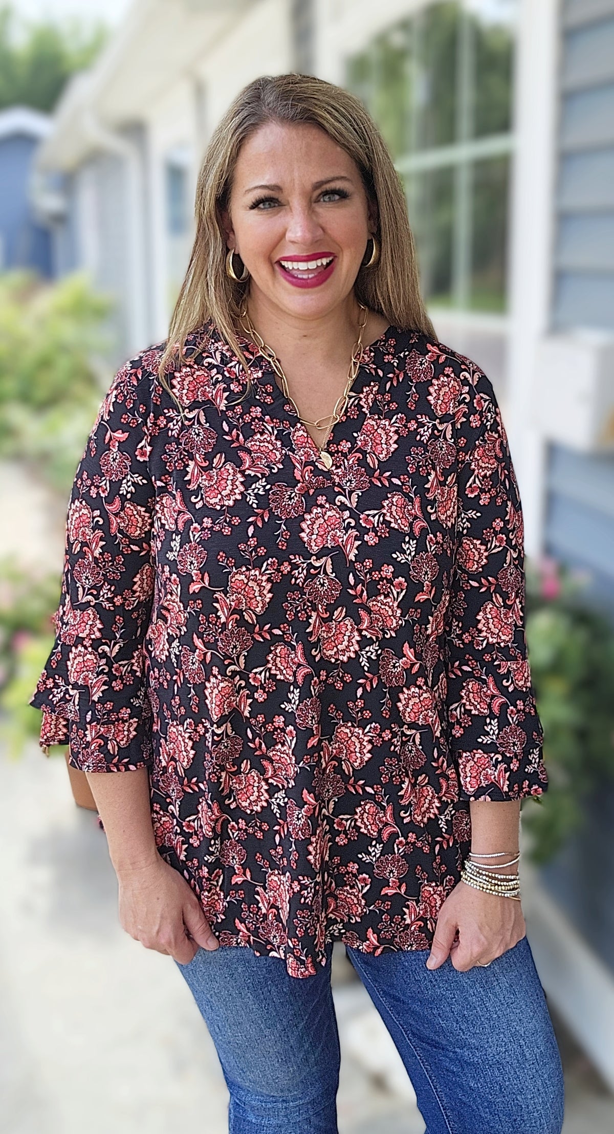 DEAR SCARLETT BLACK/RED FLORAL DOUBLE BELL LIZZY