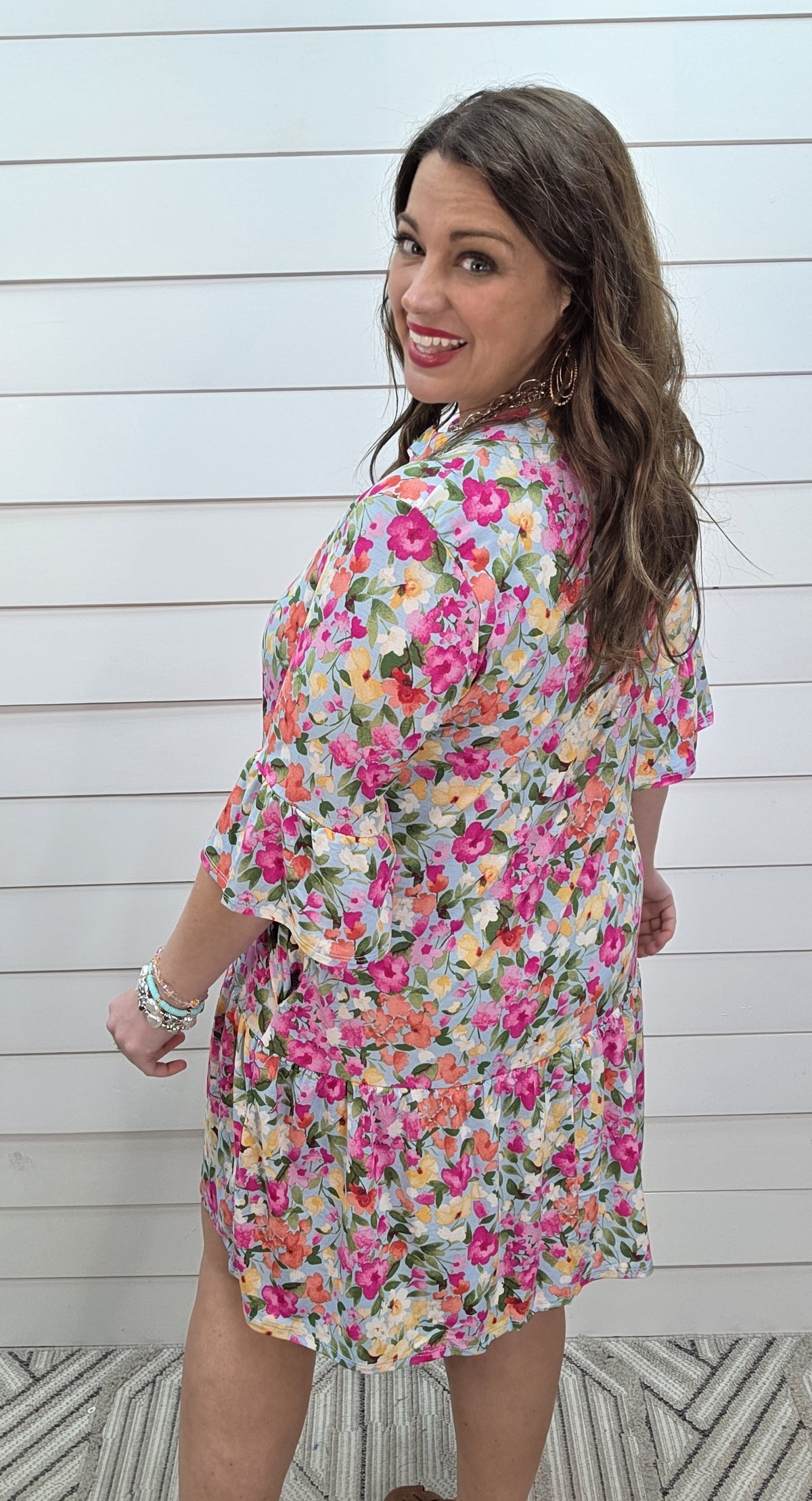 DEAR SCARLETT SUNDAY 3/4 SLEEVE RUFFLE DETAIL DRESS - LIGHT BLUE FLORAL