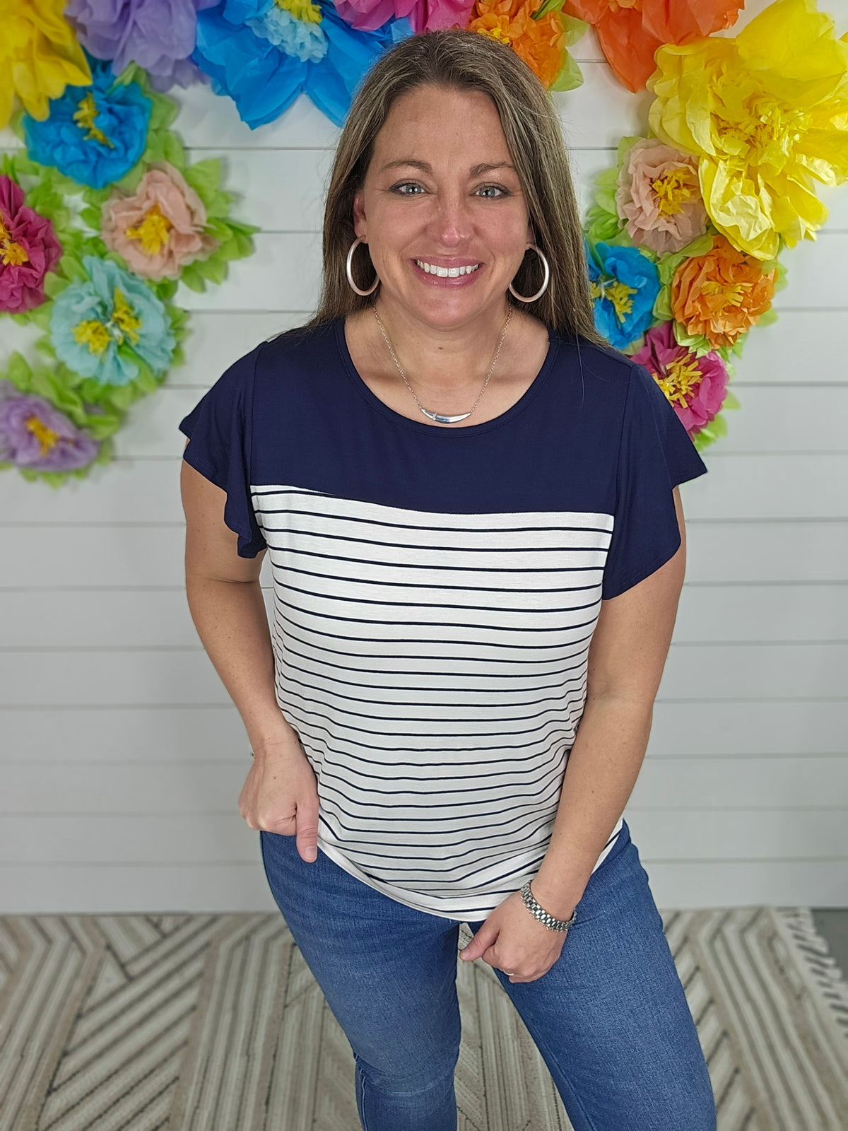 NAVY/STRIPED COLORBLOCK RUFFLE SLEEVE KNIT TOP