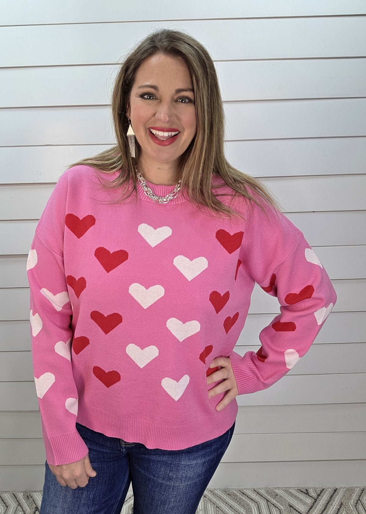 HOT PINK HEART CREW NECK SWEATER