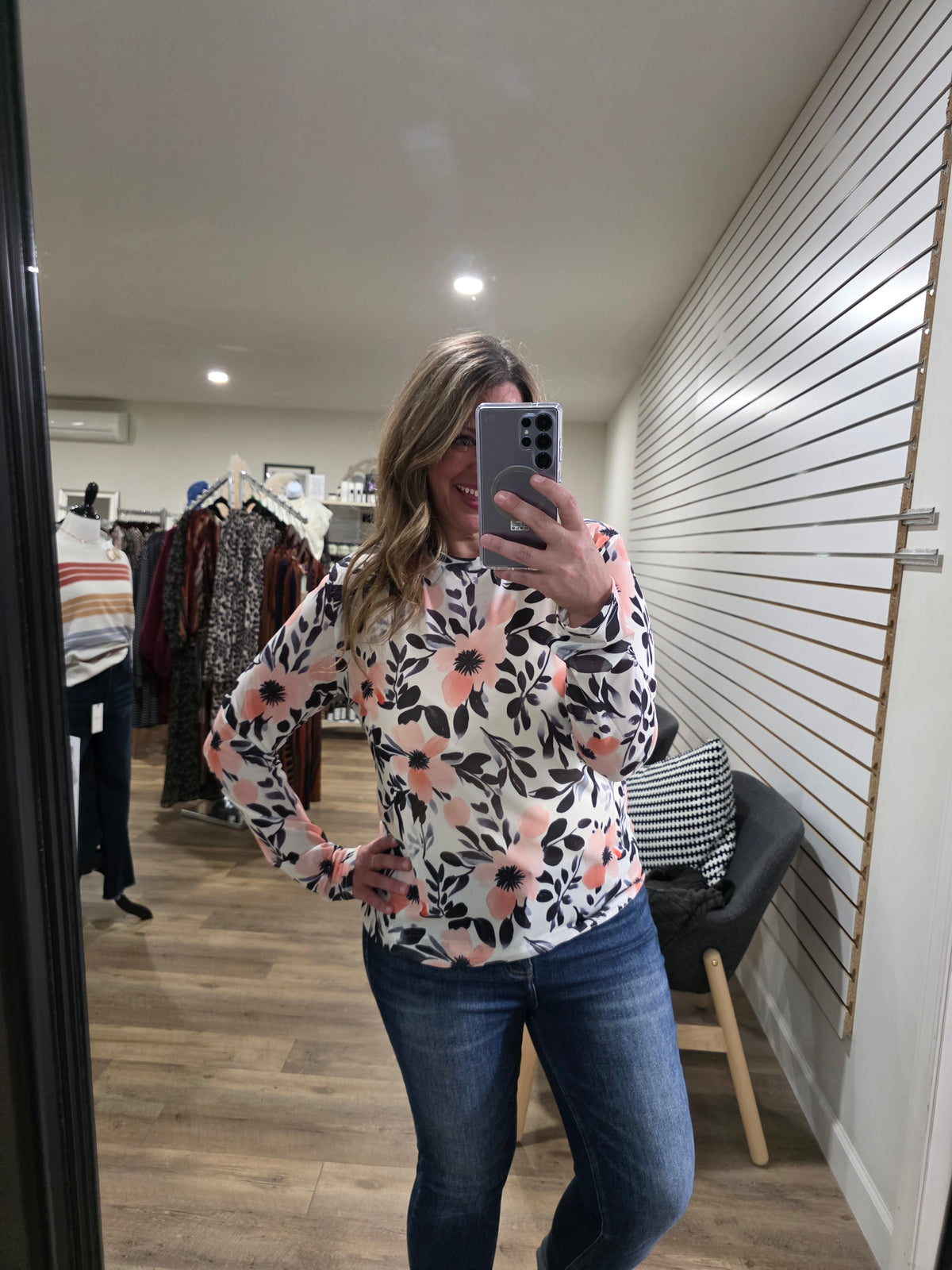 SHIRLEY AND STONE CORAL/FLORAL FLORAL MESH TOP