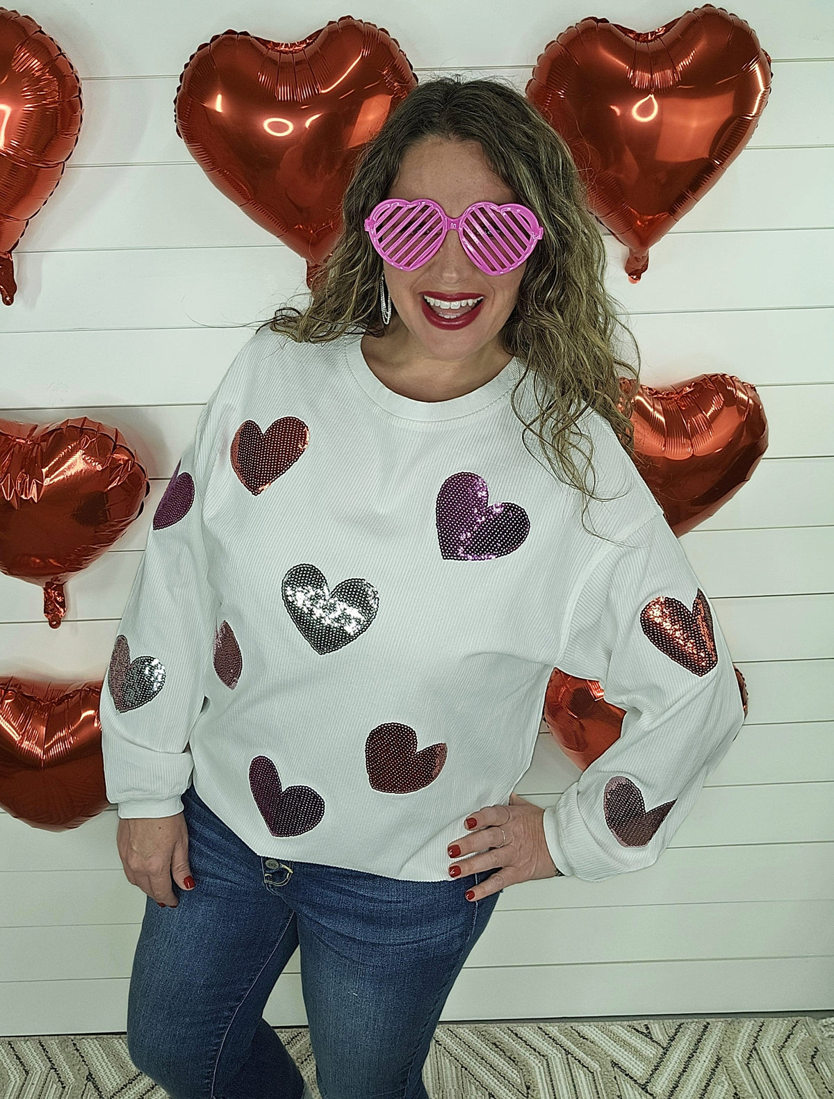 WHITE CORDED PULLOVER W/ SEQUIN HEARTS