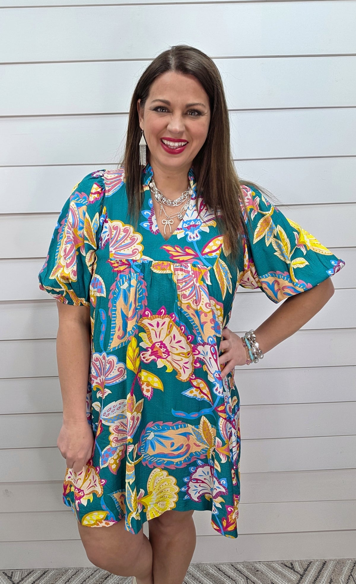 EMERALD MULTI COLOR PRINTED V NECK DRESS