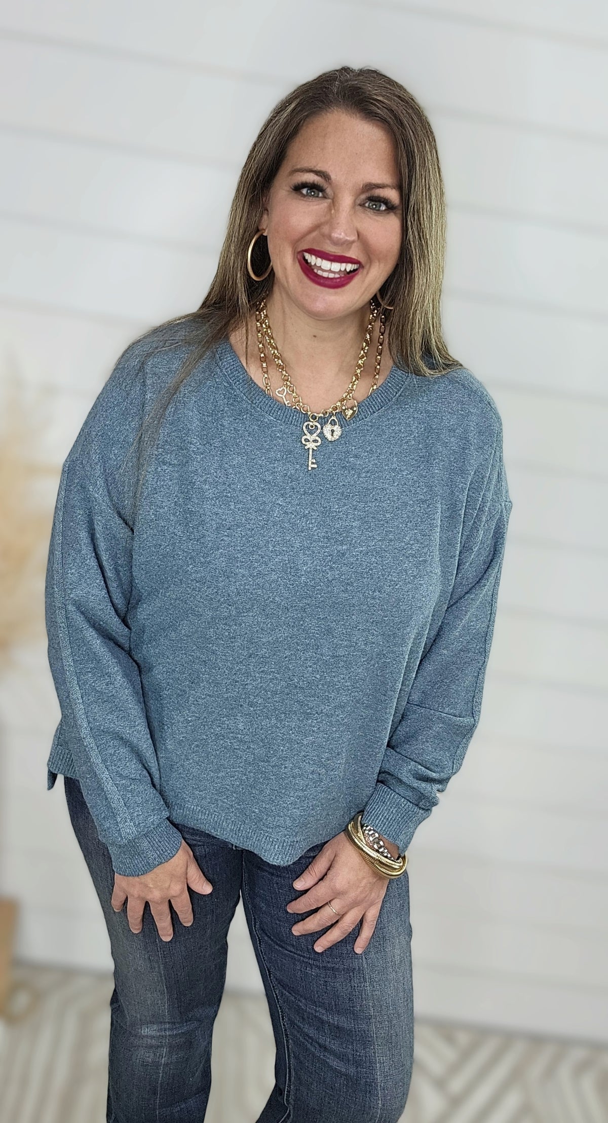 TEAL DROP SHOULDER LIGHT WEIGHT SWEATER