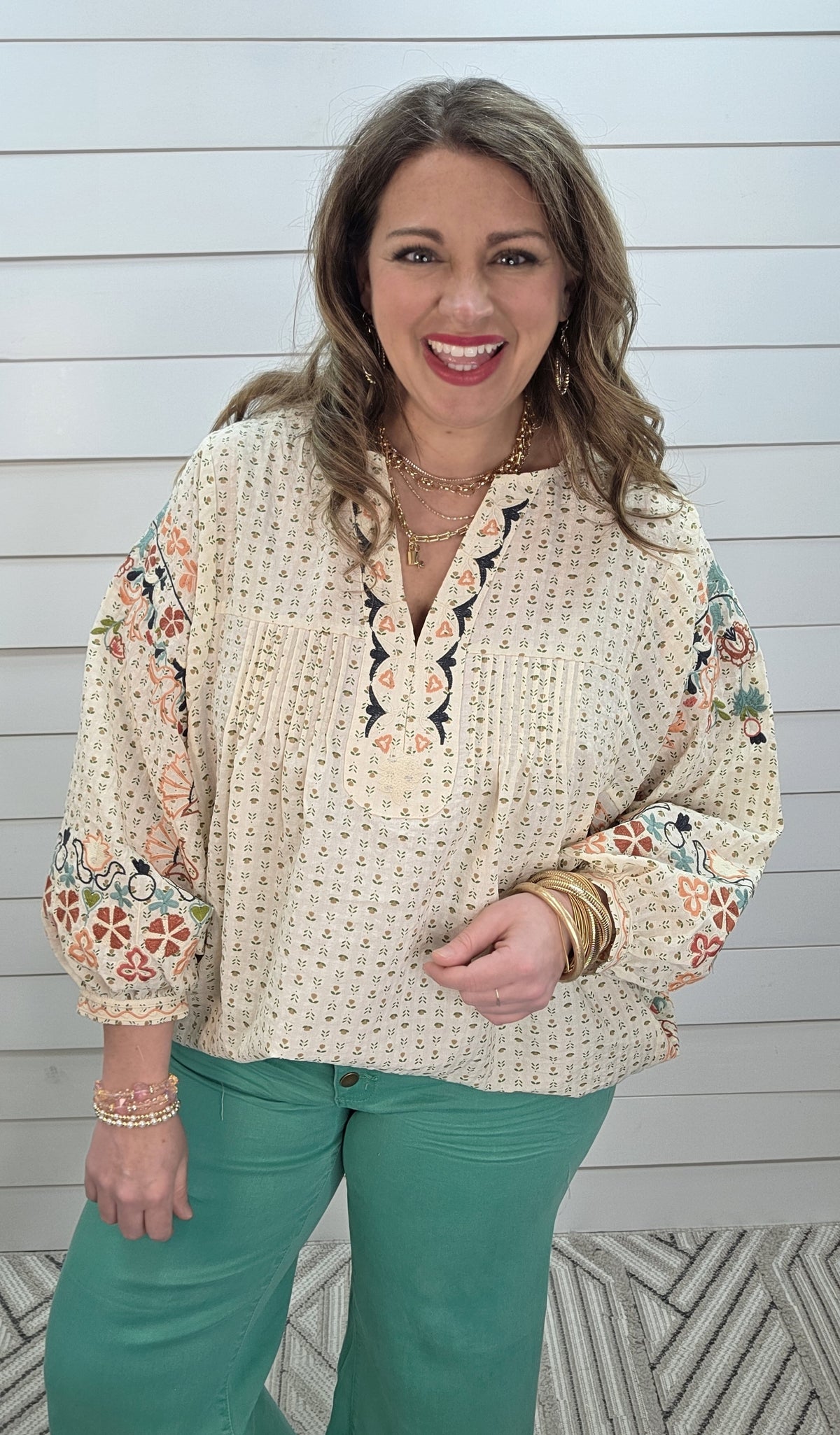 OATMEAL DOLMAN OVERSIZED FLORAL EMBROIDERED V NECK TOP
