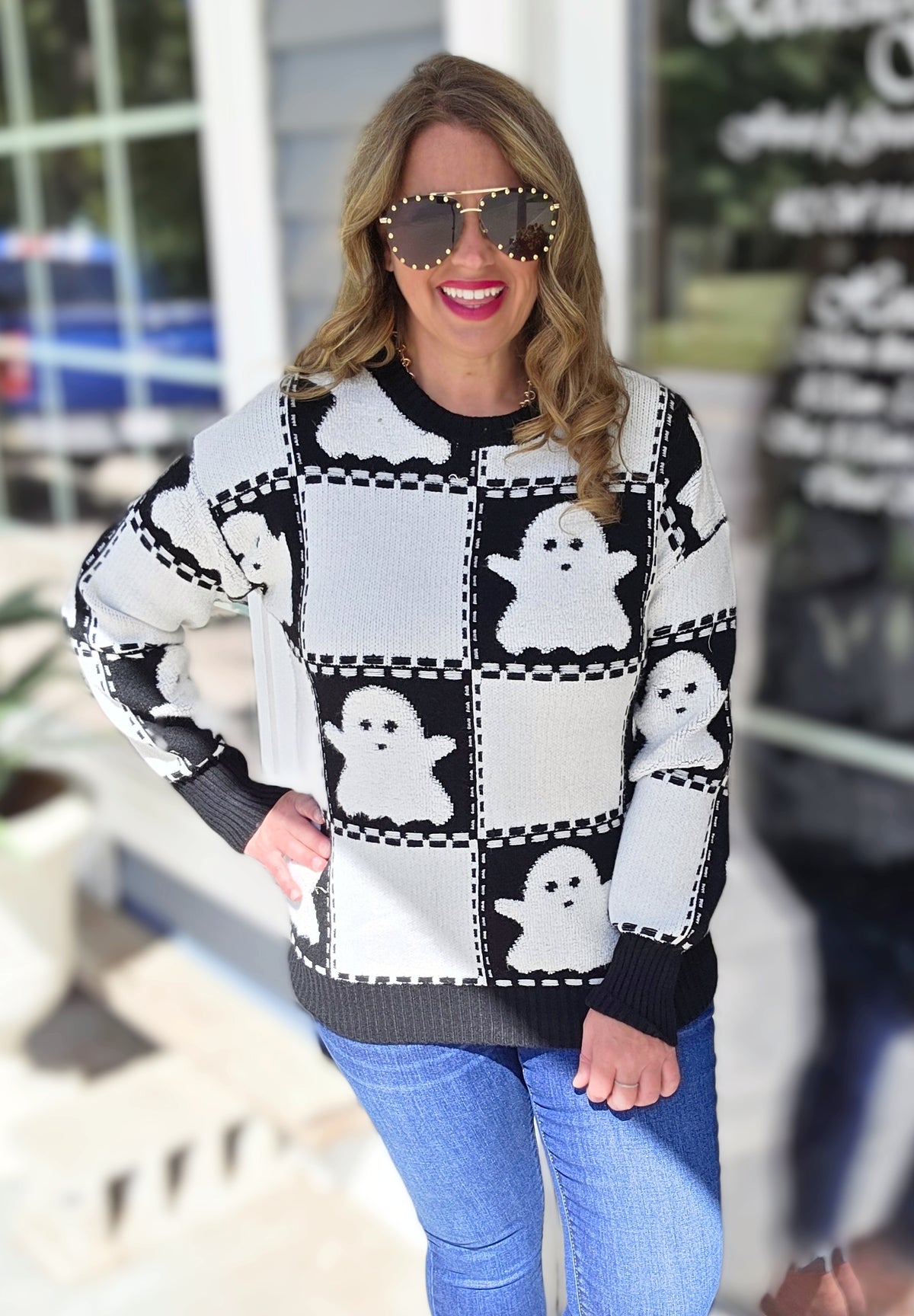 BLACK/WHITE CHECK GHOST KNIT SWEATER