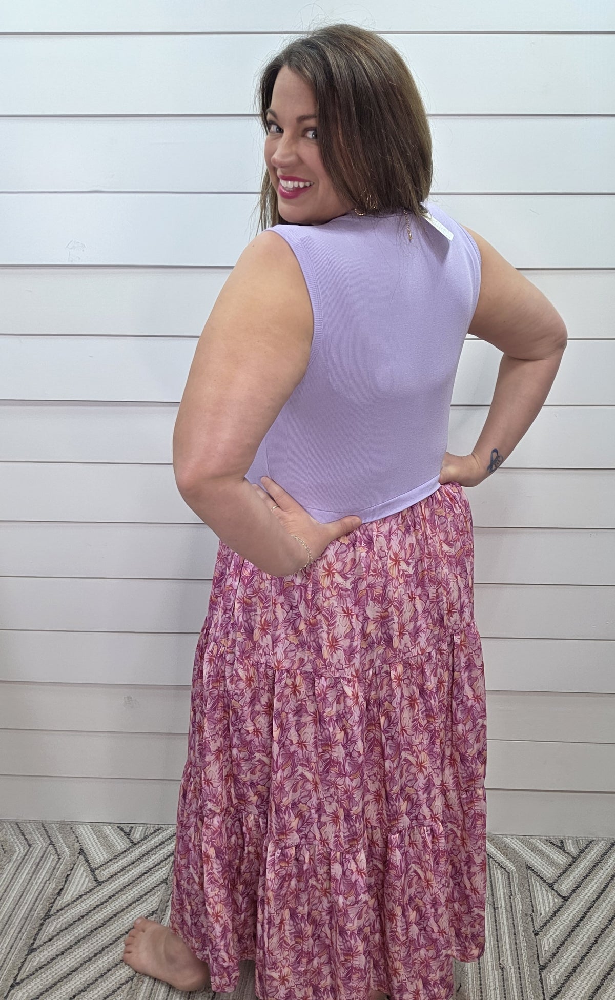 PURPLE RIBBED TANK DRESS W/ FLORAL SKIRT