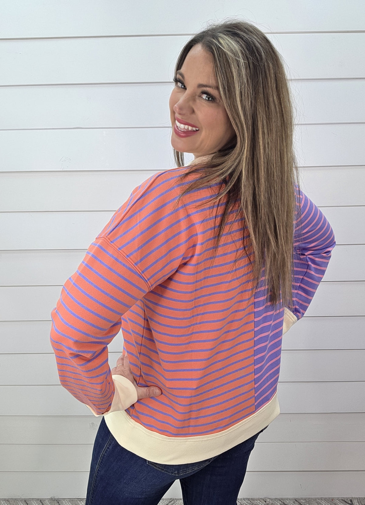 LAVENDER/CORAL STRIPED CONTRAST FRENCH TERRY PULLOVER