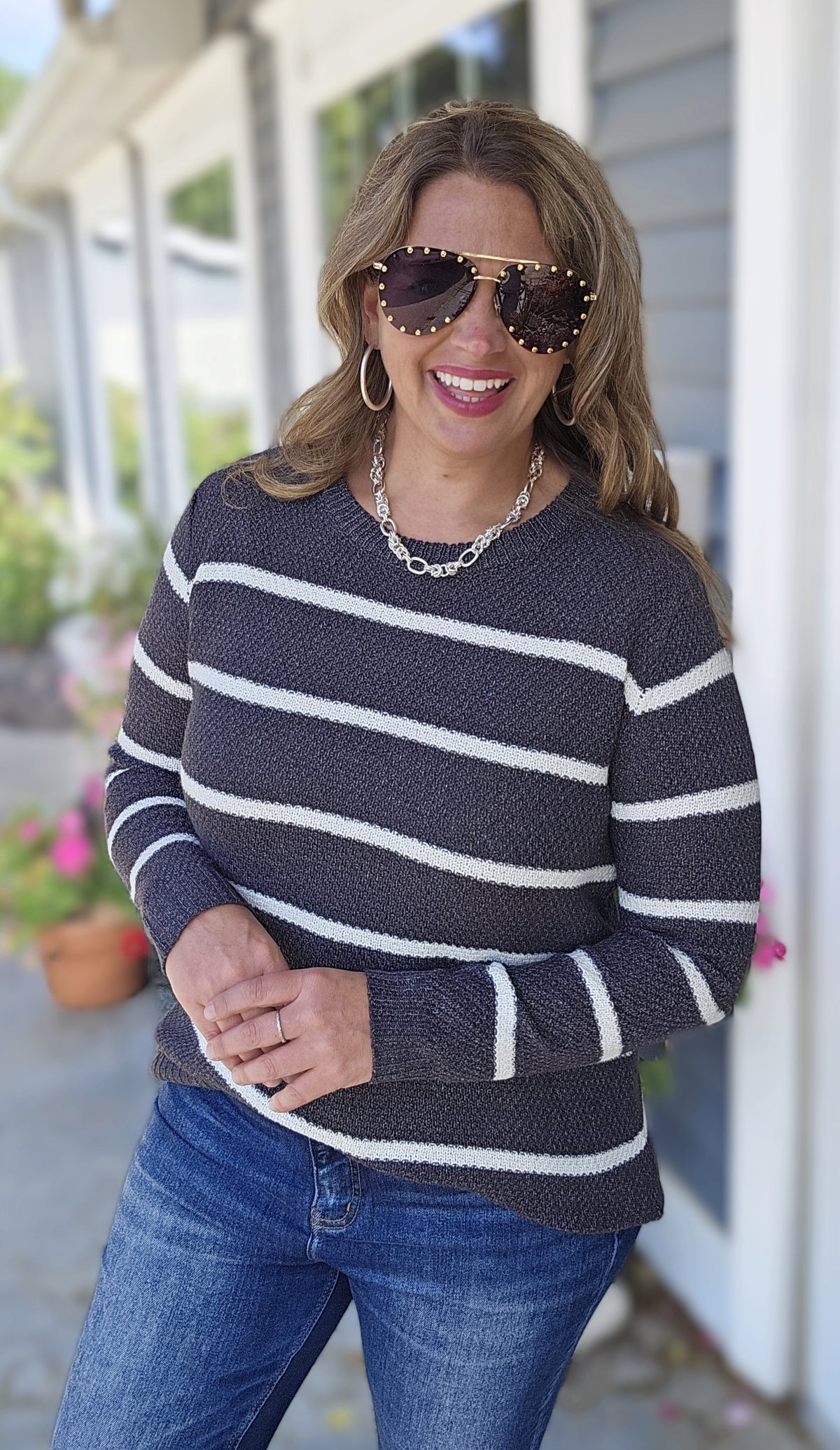 GUN METAL TWO TONE STRIPED KNIT SWEATER
