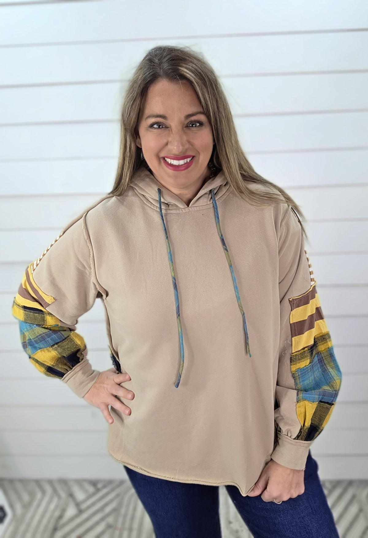 KHAKI FRENCH TERRY PLAID MIX CONTRAST OVERSIZED HOODIE