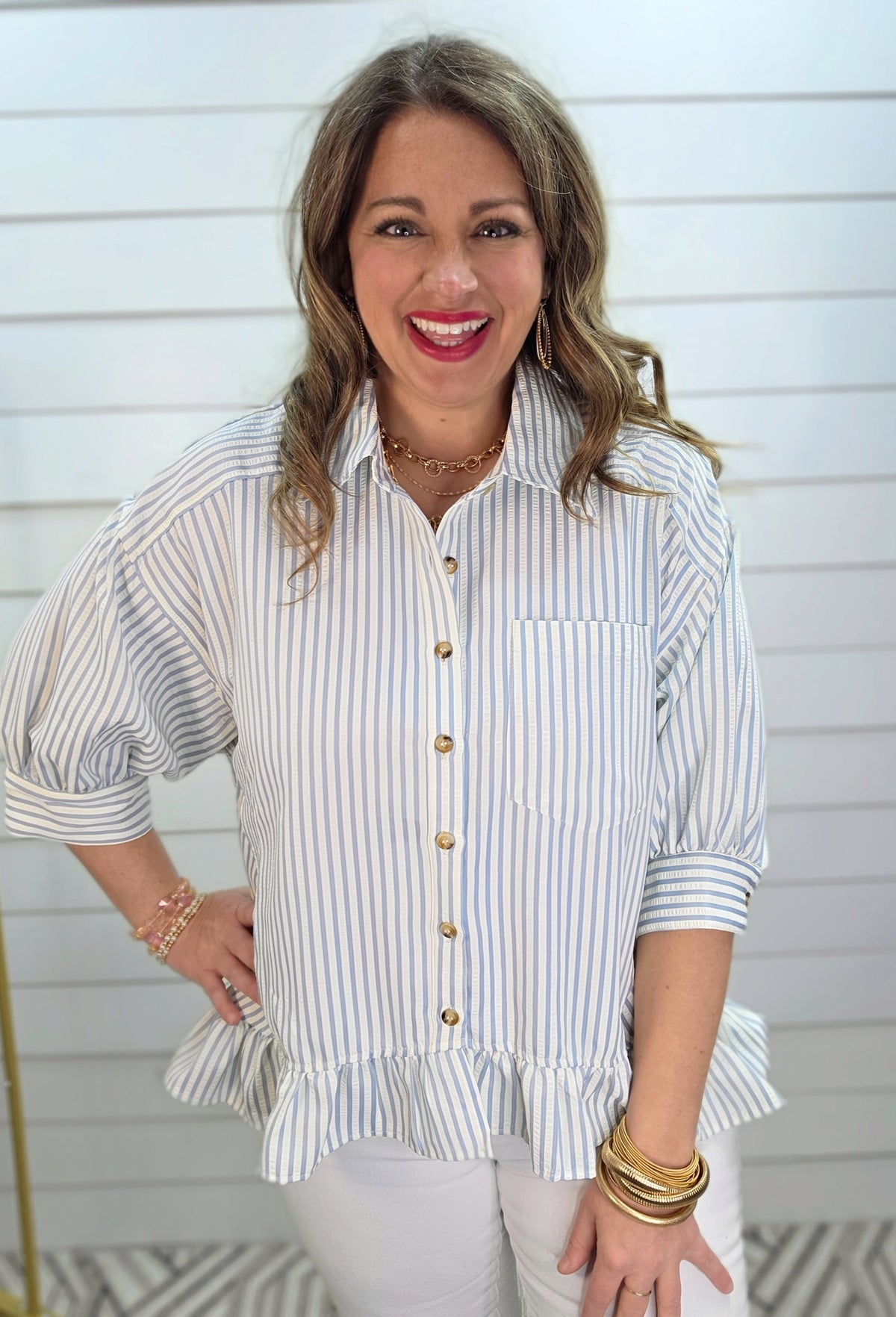 LIGHT BLUE STRIPED BUTTON DOWN RUFFLE TOP