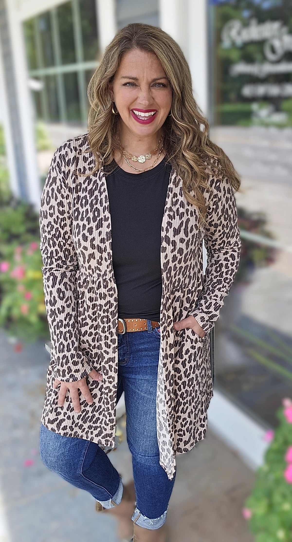 TAUPE ANIMAL RASIED RIBBED MID LENGTH CARDIGAN