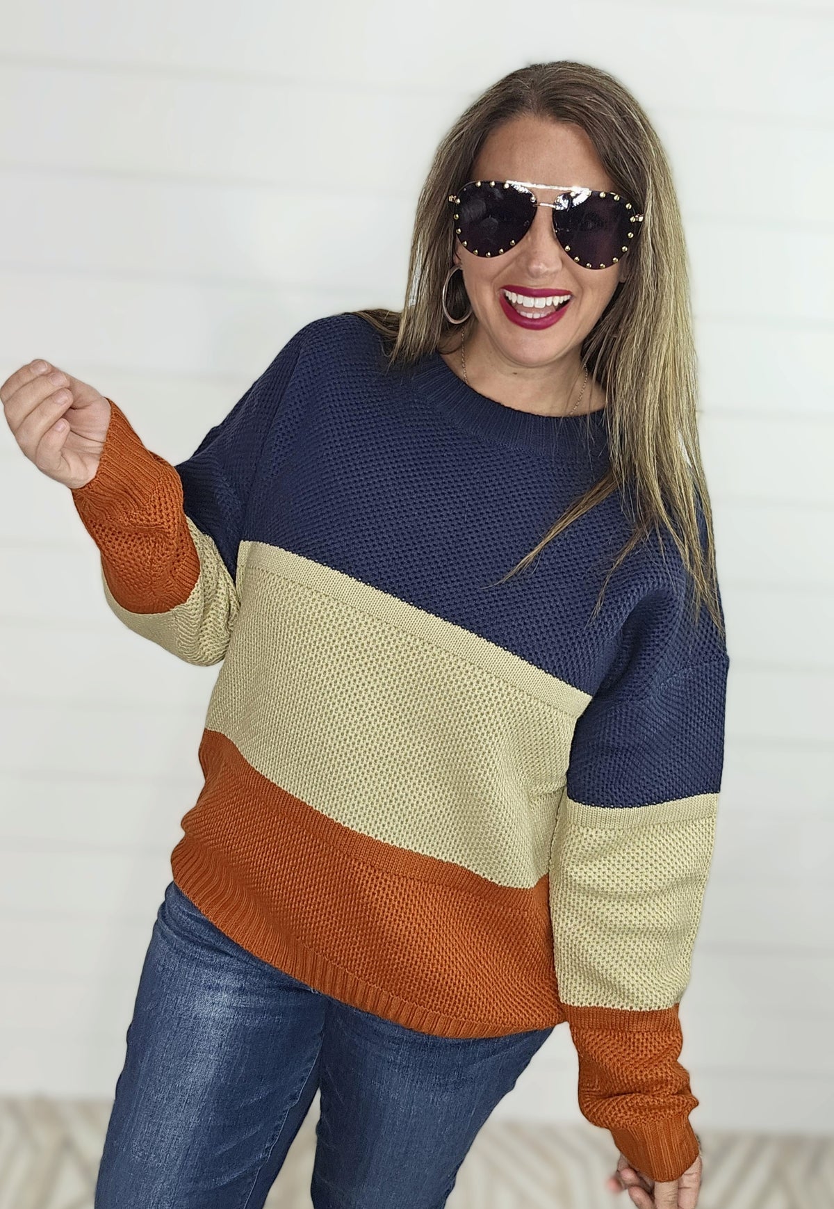 NAVY/TAUPE/RUST COLORBLOCK KNIT SWEATER