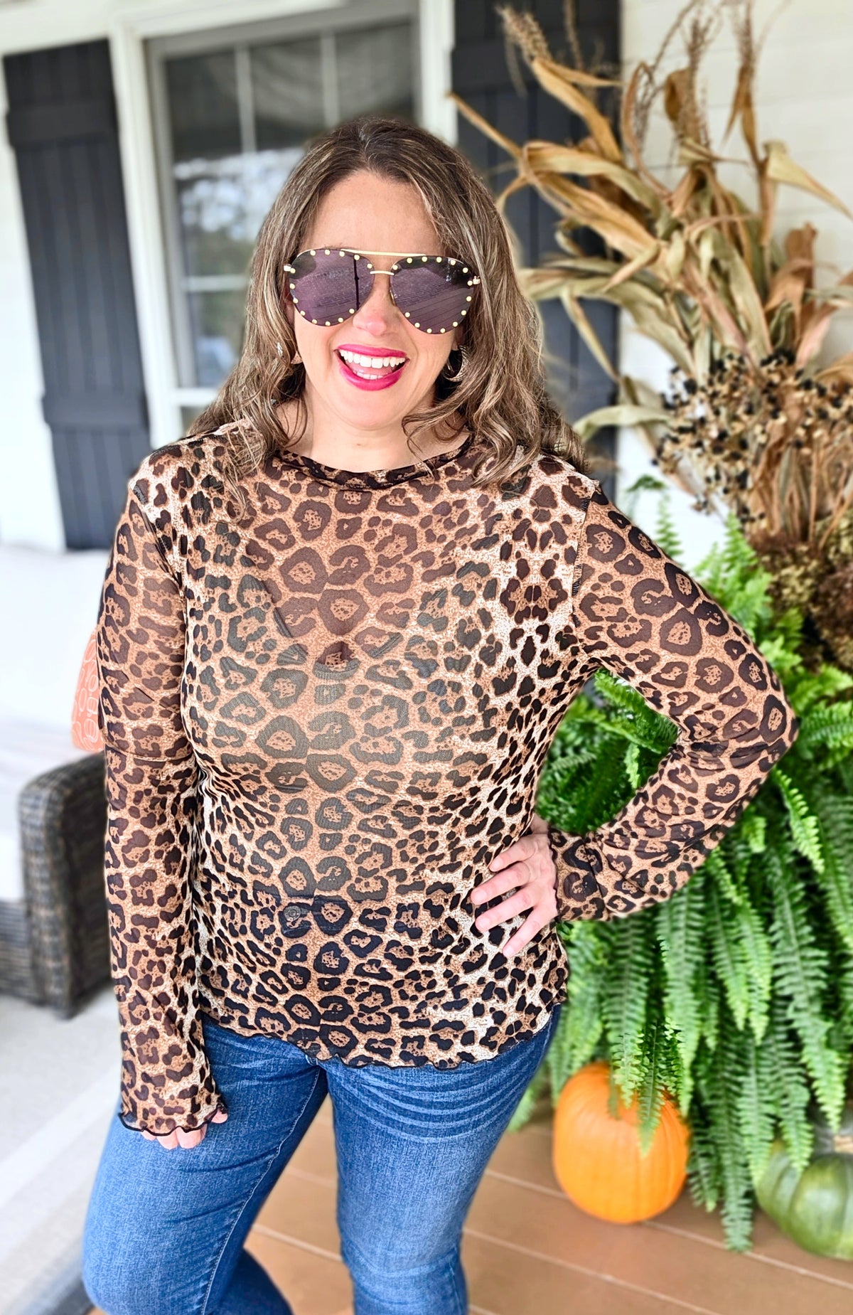BROWN LEOPARD MESH TOP