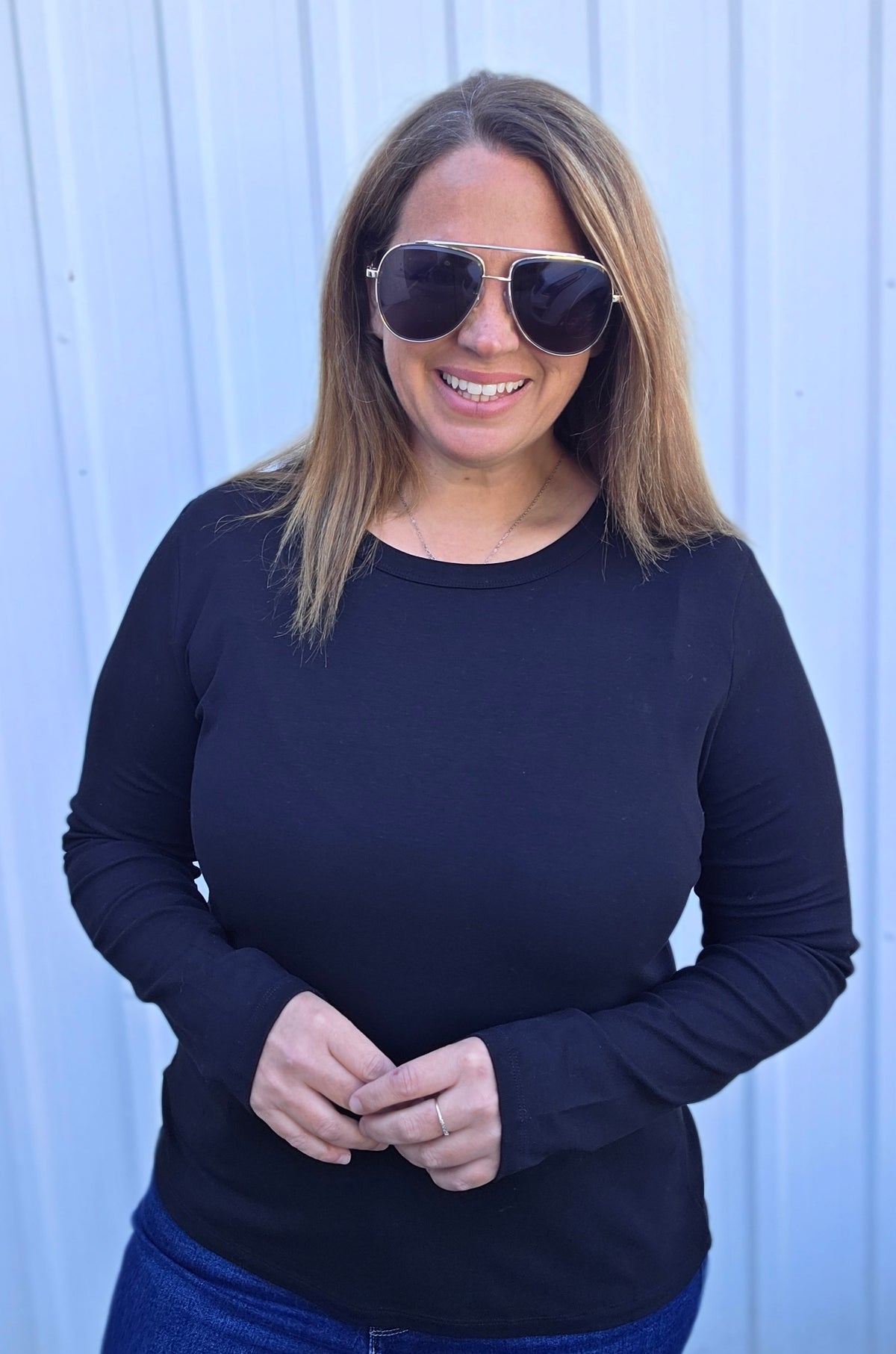 Black Crew Neck, Long Sleeve, Heavy Rayon Jersey, Solid Basic Top