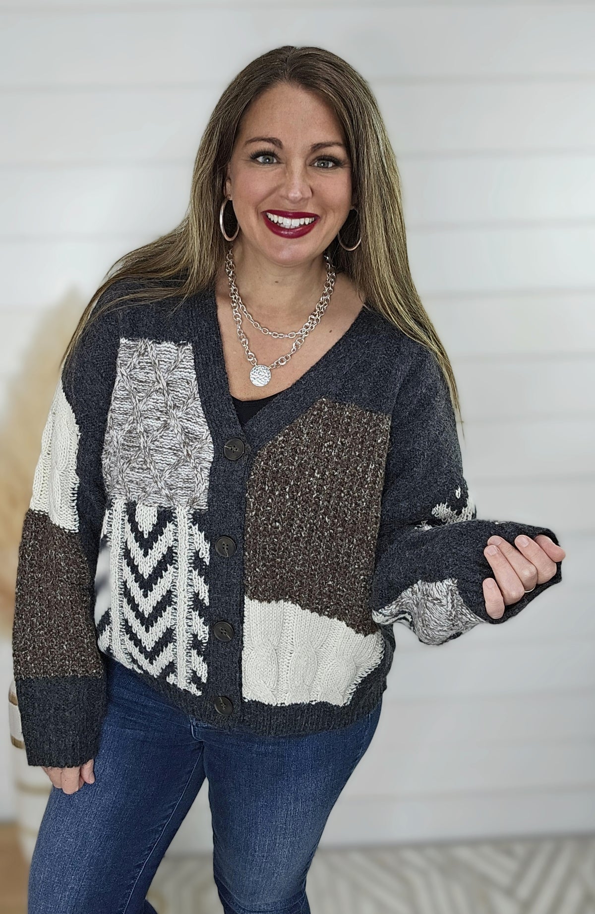 CHARCOAL V NECK PATCHWORK BUTTON CARDIGAN