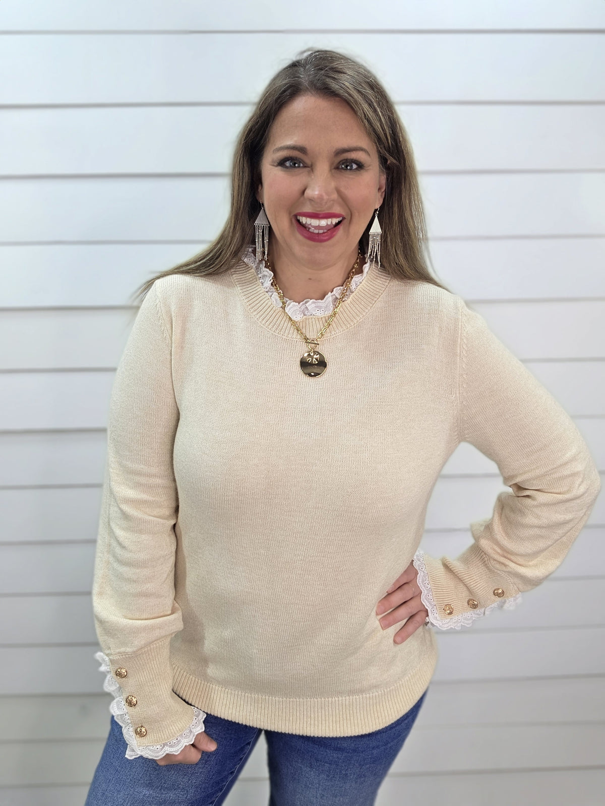 CREAM LACE TRIM SOFT PULLOVER SWEATER