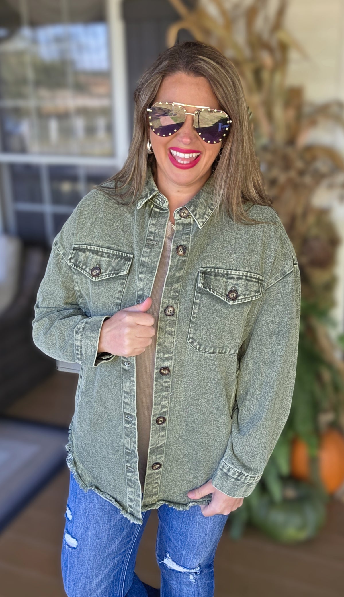 MINERAL WASH GREEN BUTTON DOWN OVERSIZED DENIM SHACKET