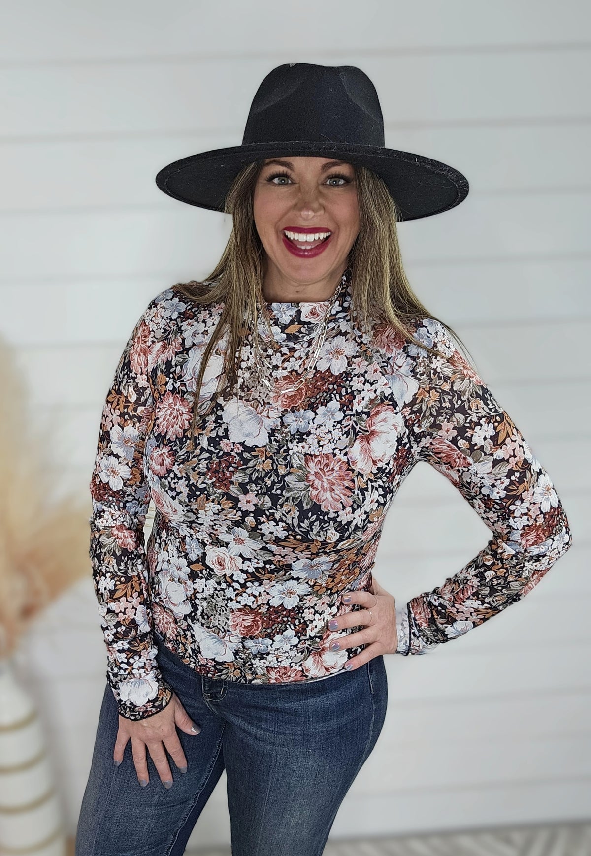 BROWN FLORAL MESH HIGH NECK TOP W/ THUMBHOLES