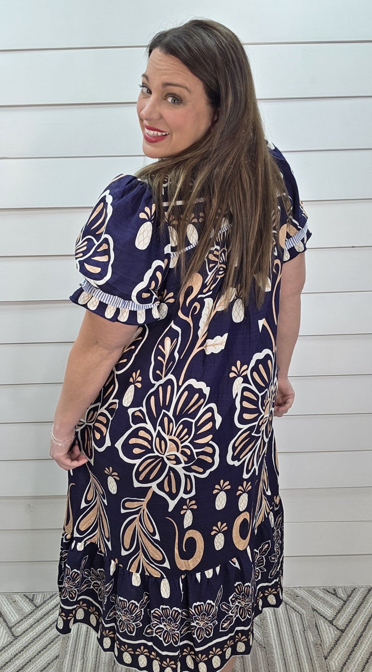 NAVY/CREAM PRINTED V NECK LONG DRESS