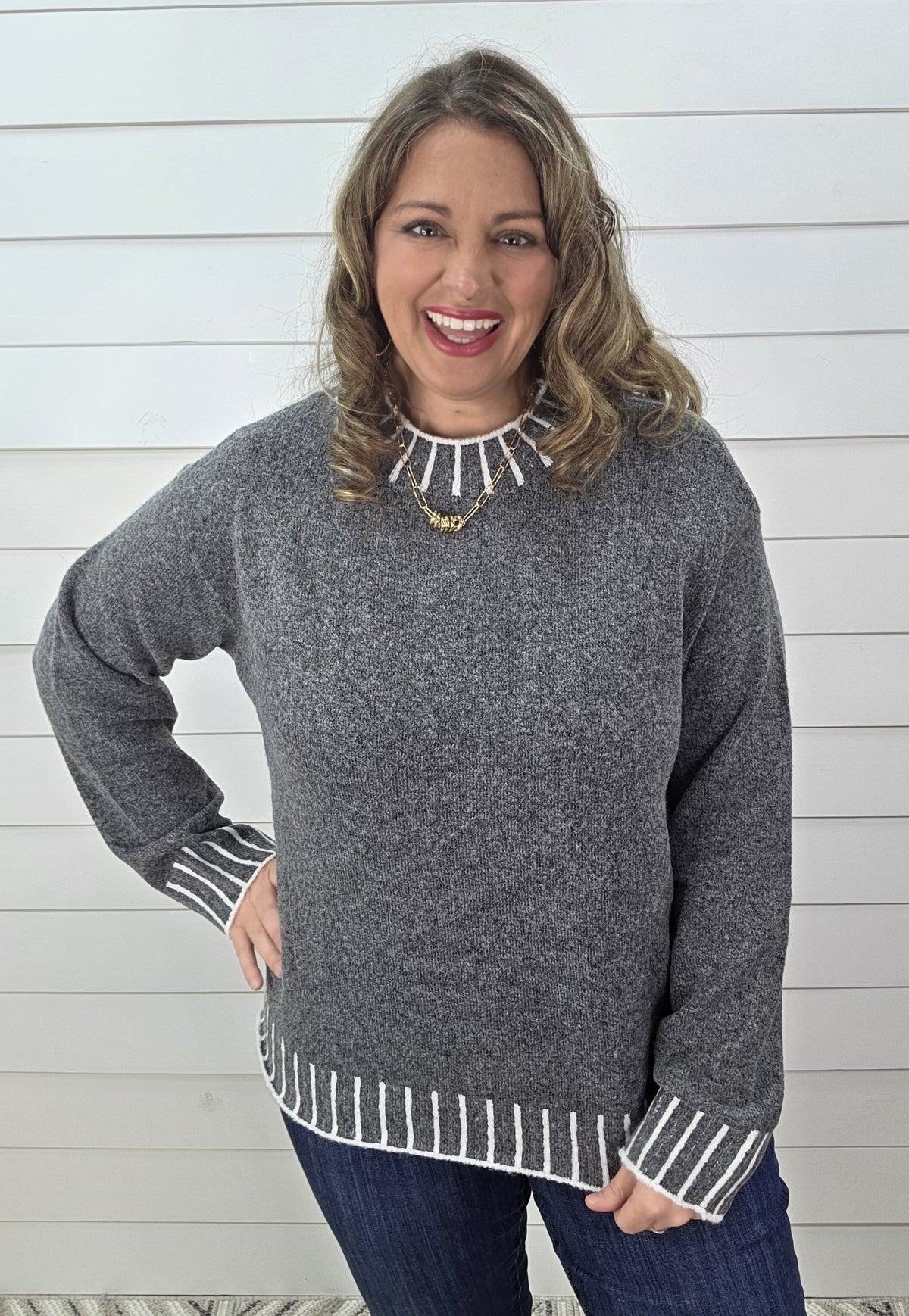 CHARCOAL FAUX STITCH KNIT PULLOVER SWEATER