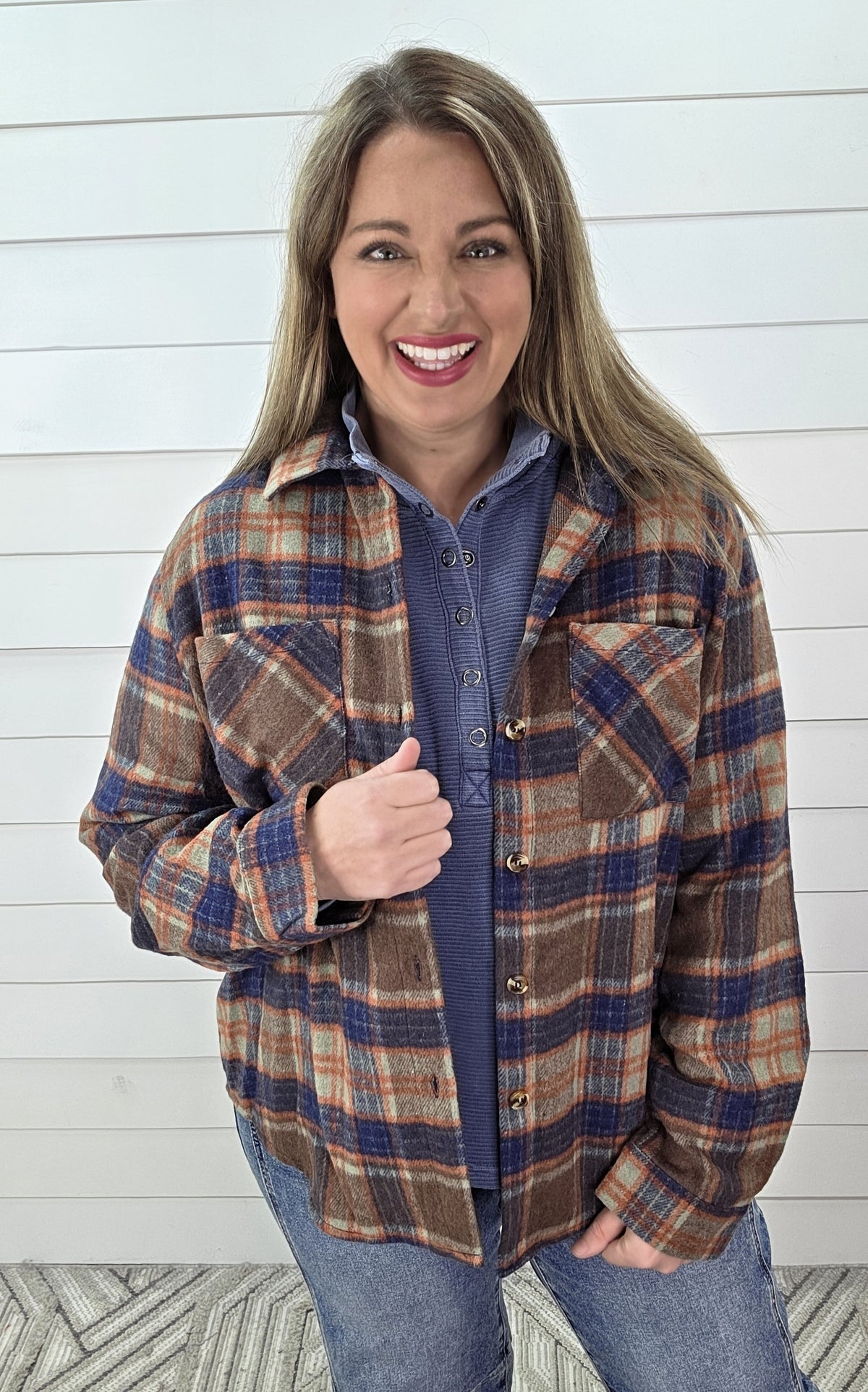 BROWN/NAVY PLAID BUTTON UP