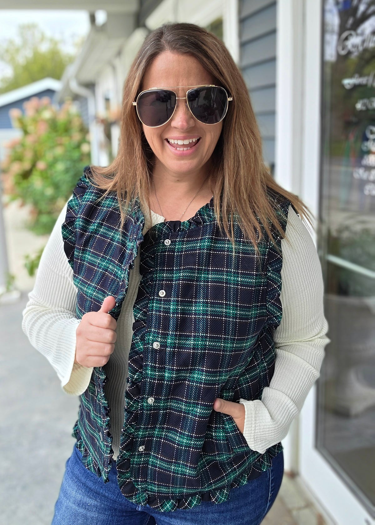 Navy/Green Plaid Quilted Vest With Frill Detail