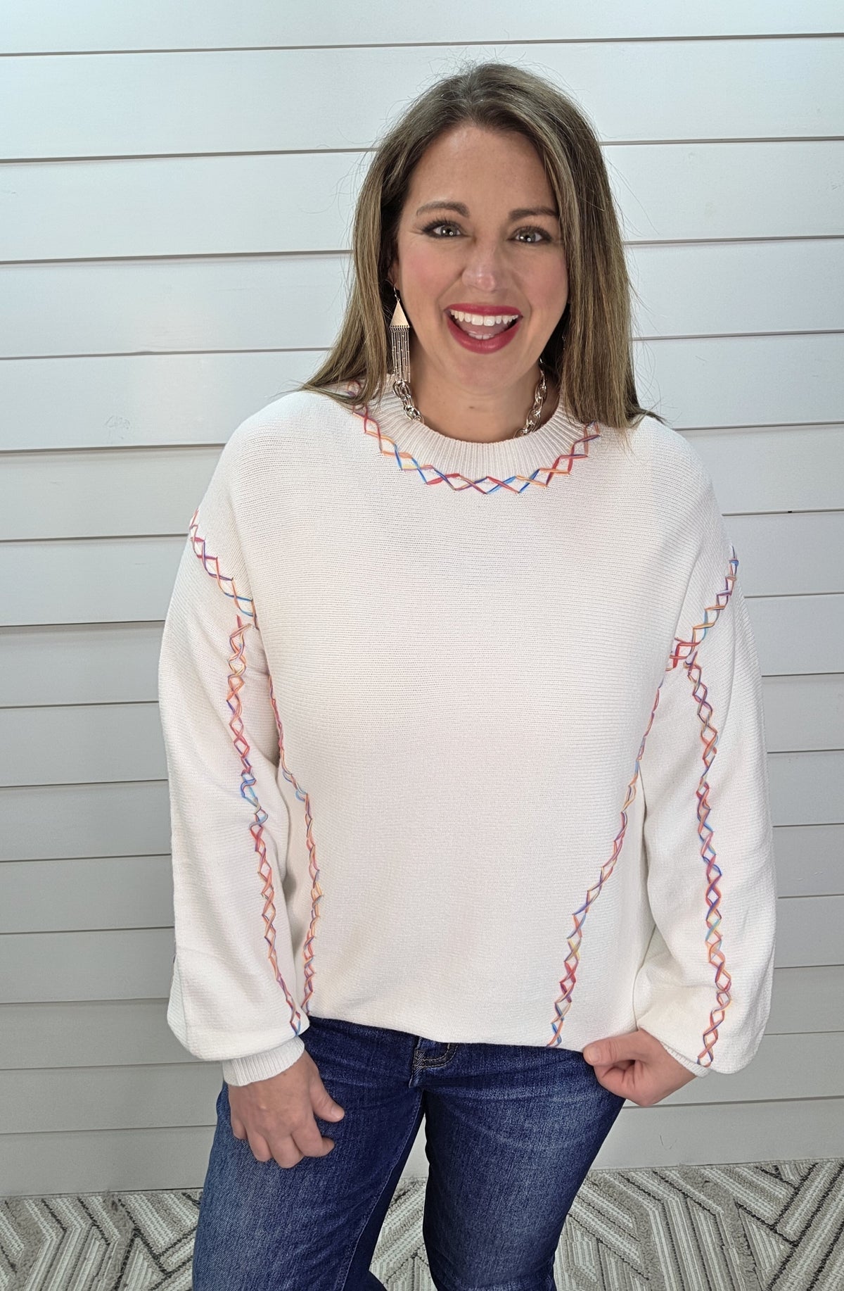 WHITE RAINBOW STITCH ULTRA SOFT SWEATER