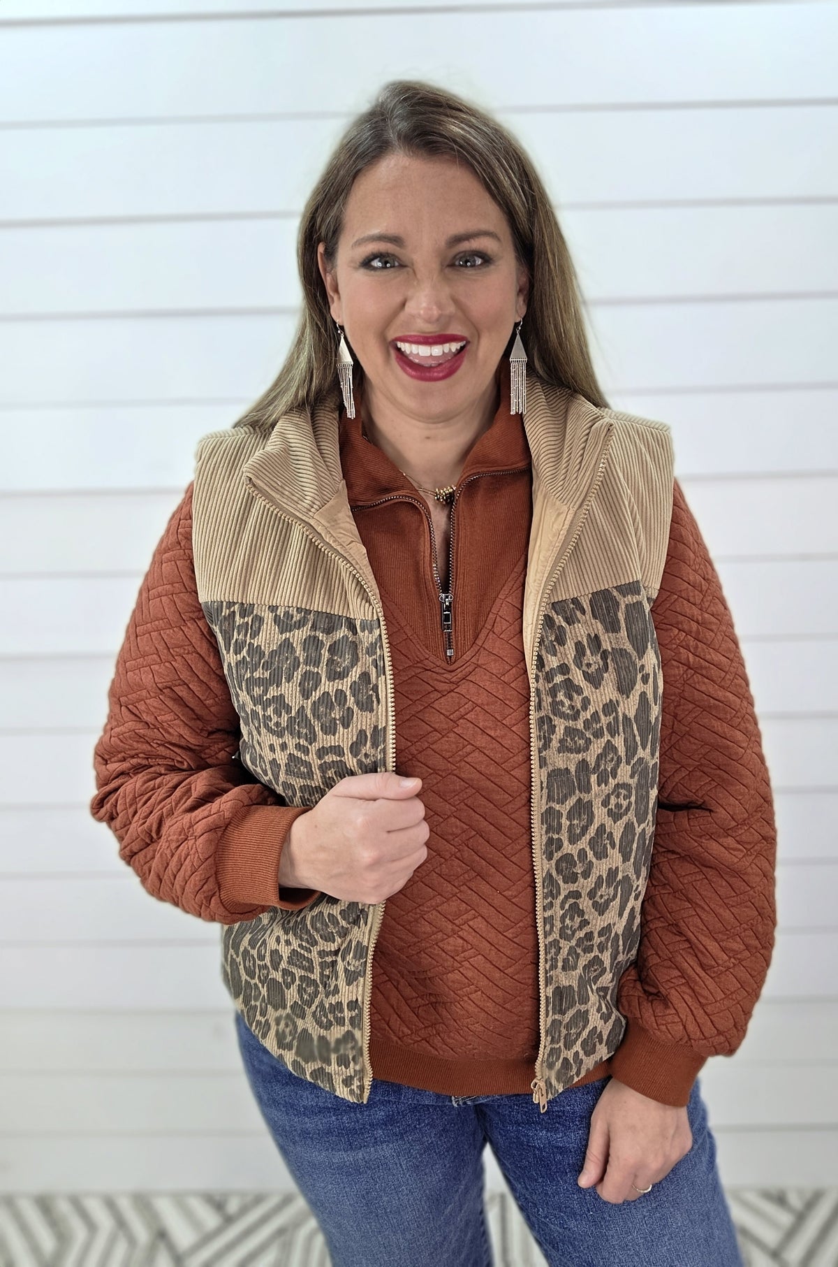 TAUPE LEOPARD CORD CONTRAST ZIPPER VEST