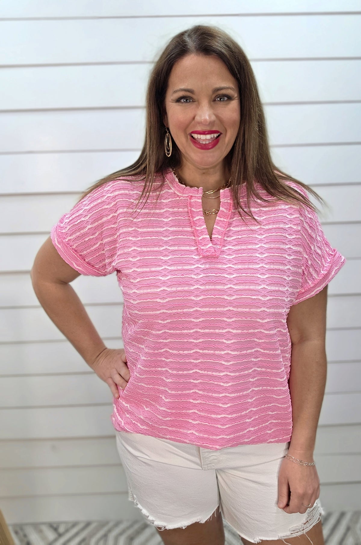 PINK/WHITE STRIPED TEXTURED V NECK KNIT TOP