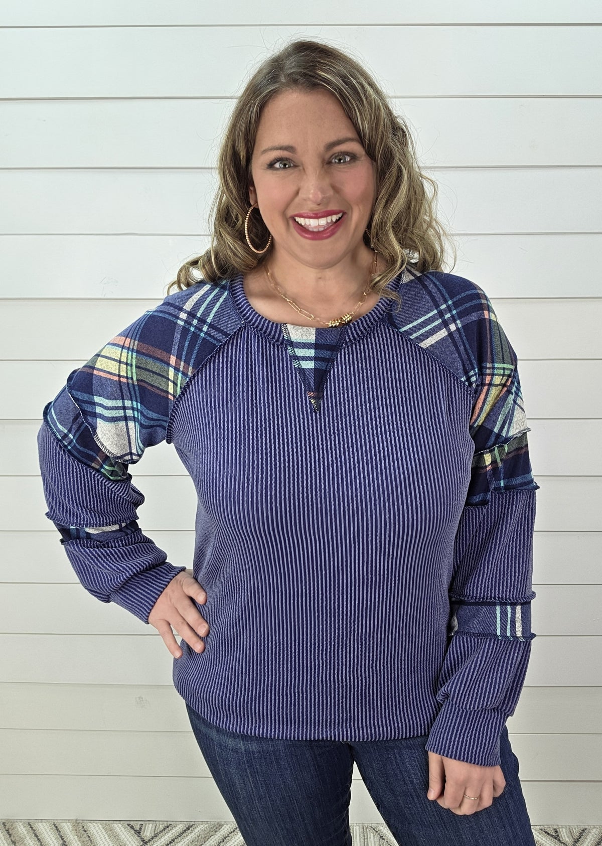 DENIM BLUE RAISED RIBBED/PLAID CONTRAST KNIT TOP