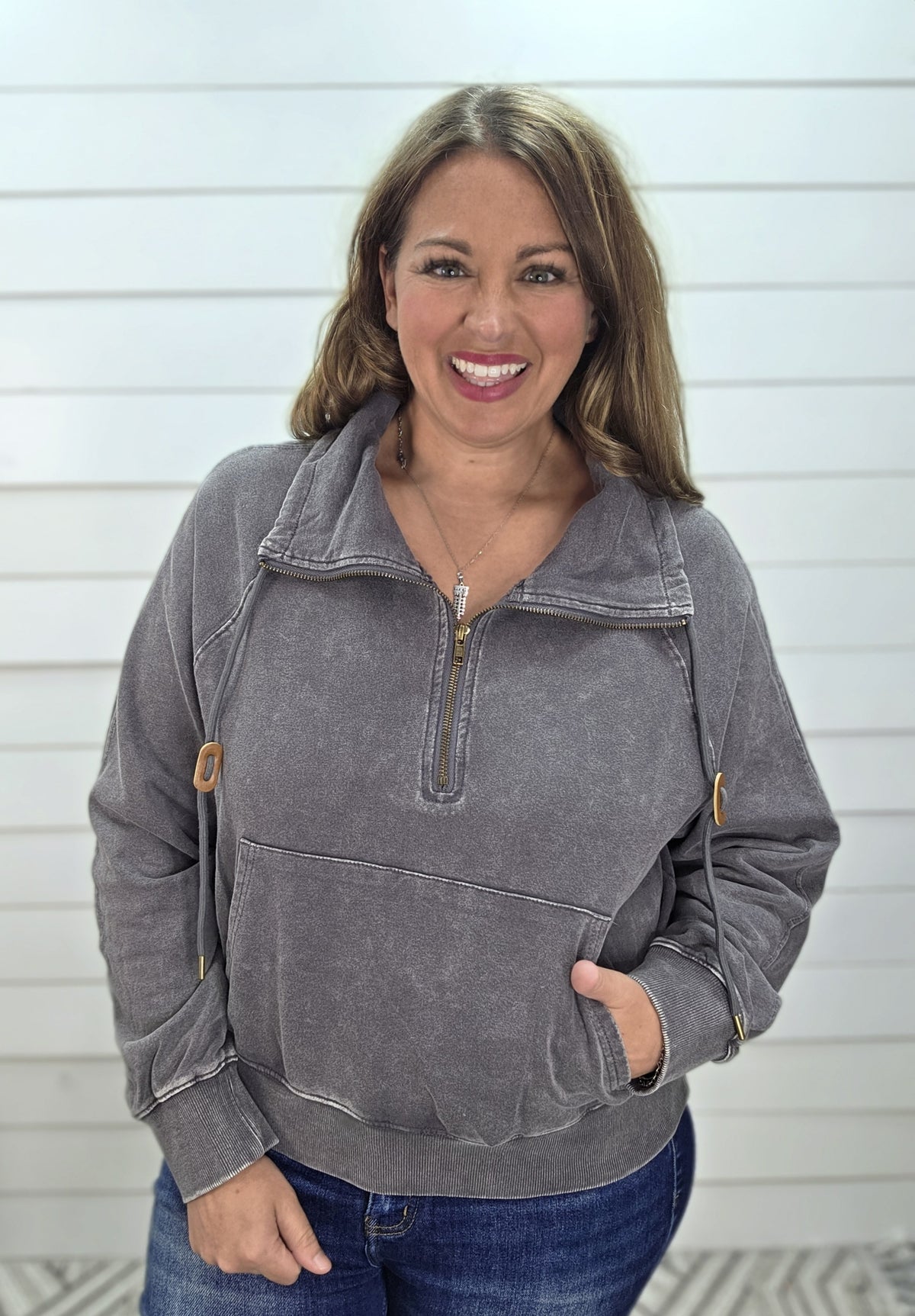 WASHED GREY QUARTER ZIP PULLOVER