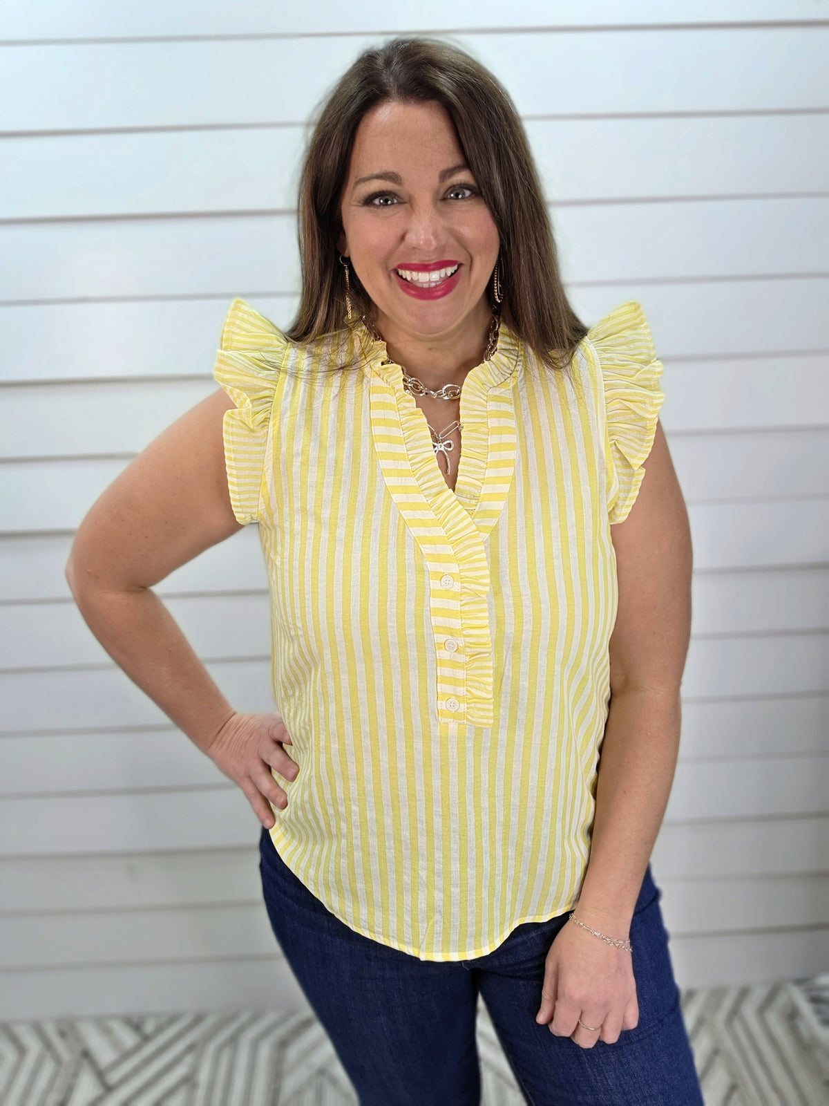 YELLOW VERTICAL STRIPED V NECK HENLEY RUFFLE TRIM TOP