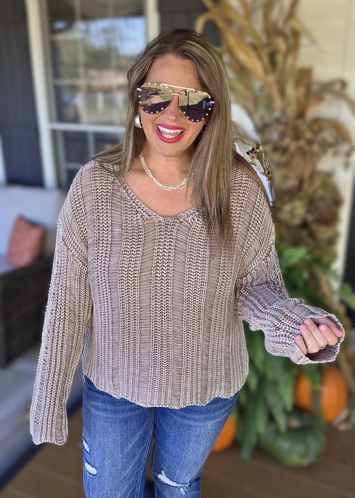 MOCHA MINERAL WASH LOOSE KNIT PULLOVER SWEATER