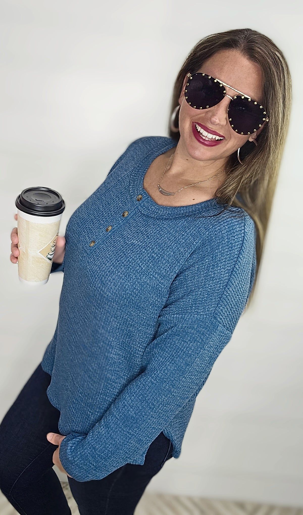 DUSTY TEAL TEXTURED HENLEY LONG SLEEVE KNIT TOP