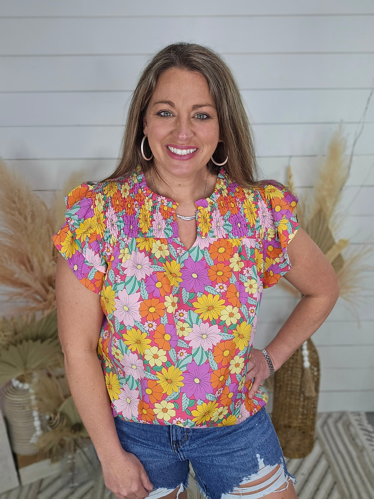 HOT PINK MIX FLORAL PRINTED SMOCKED YORK TOP