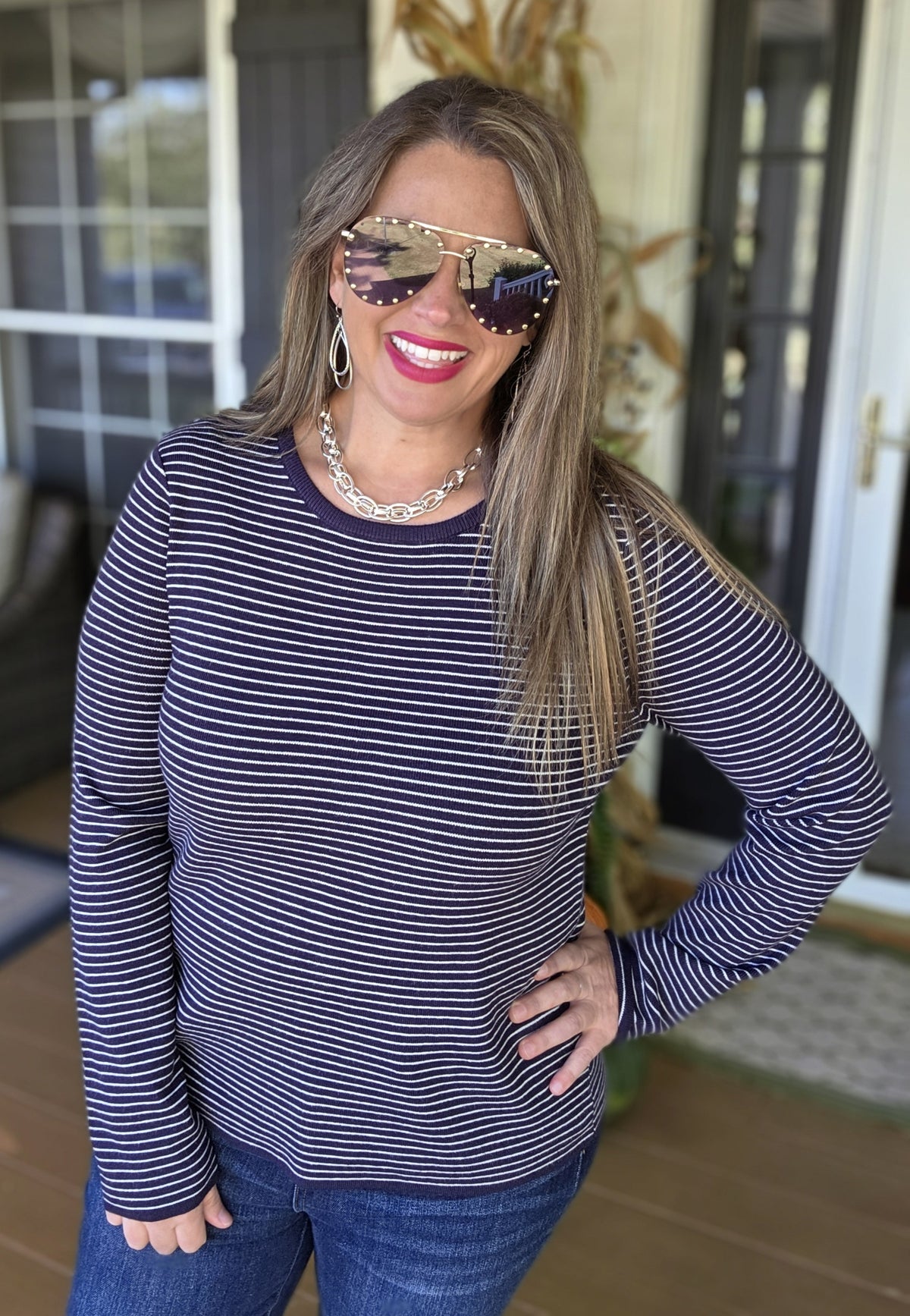 DARK NAVY PINSTRIPED PULLOVER SWEATER