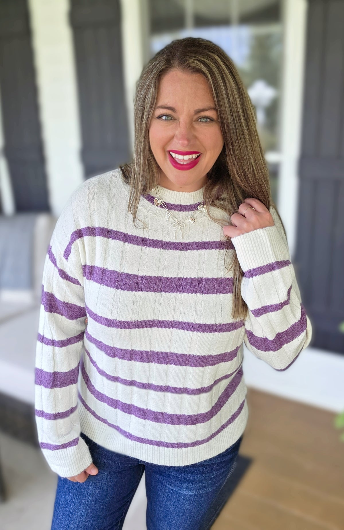 CREAM/PURPLE STRIPED MOCK NECK PULLOVER SWEATER