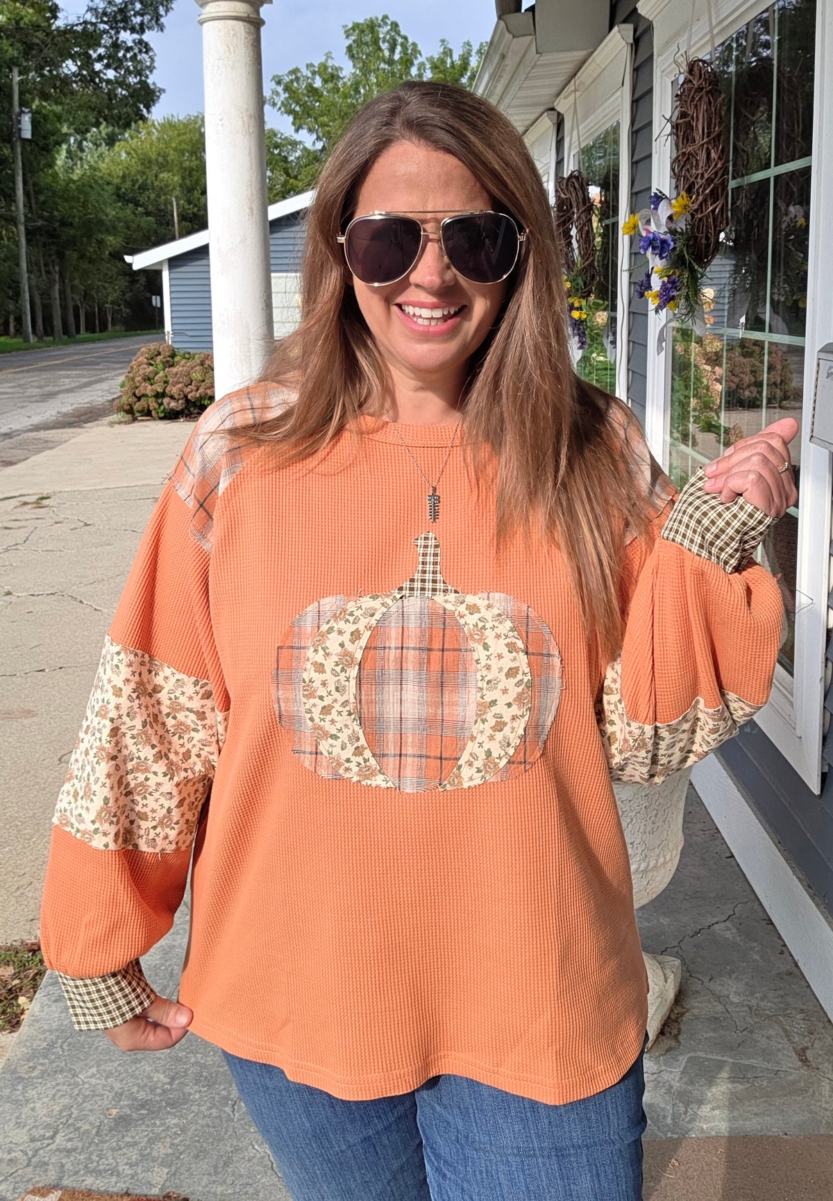RUST Round Neck Plaid Check Floral Print Pumpkin long Sleeve Thermal Knit