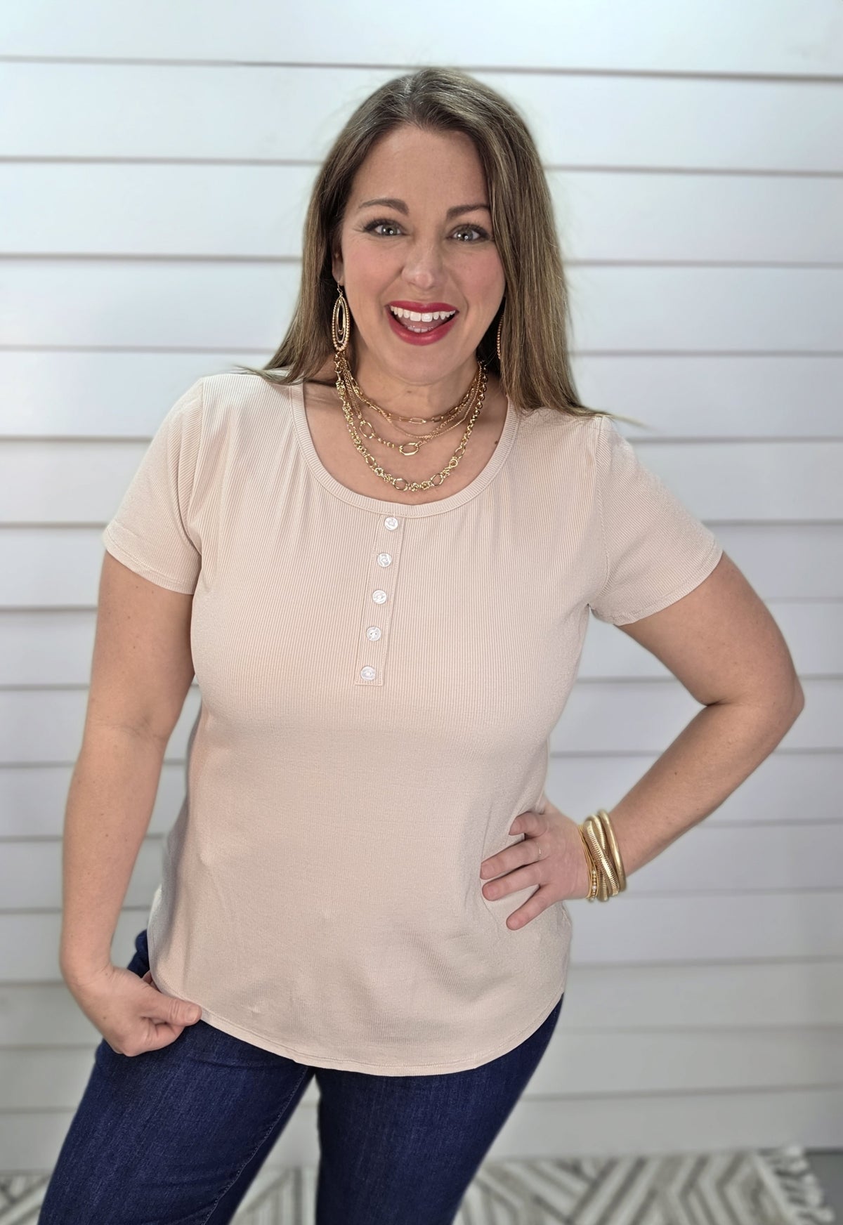 KHAKI RIBBED BUTTON KNIT TOP