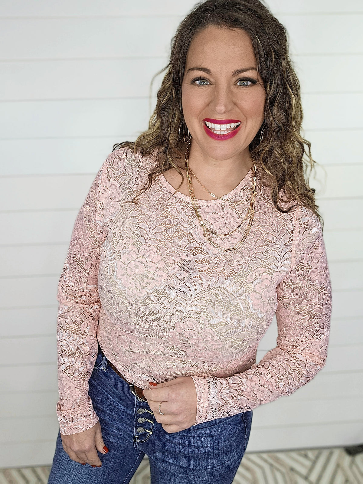 PINK OPEN LACE KNIT TOP