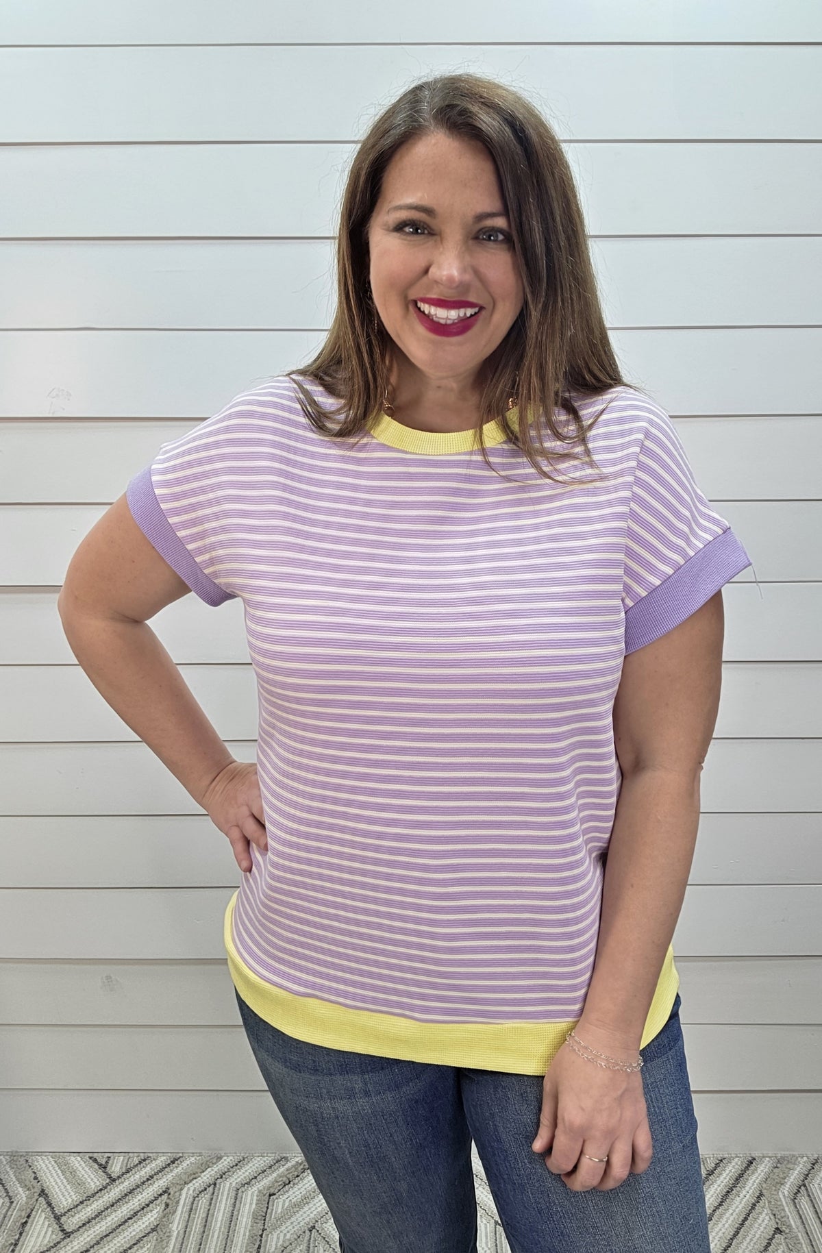 PURPLE STRIPED KNT TOP W/ YELLOW TRIM