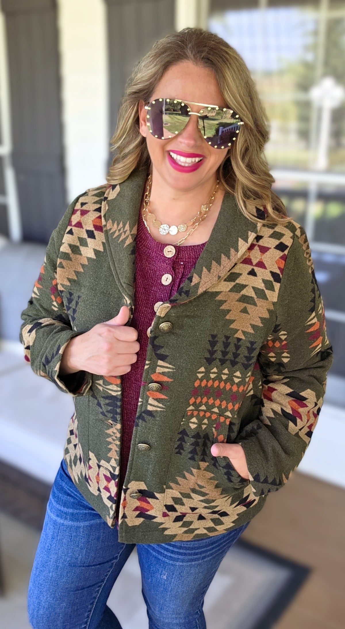 KAREN HART HUNTER GREEN AZTEC BUTTON JACKET