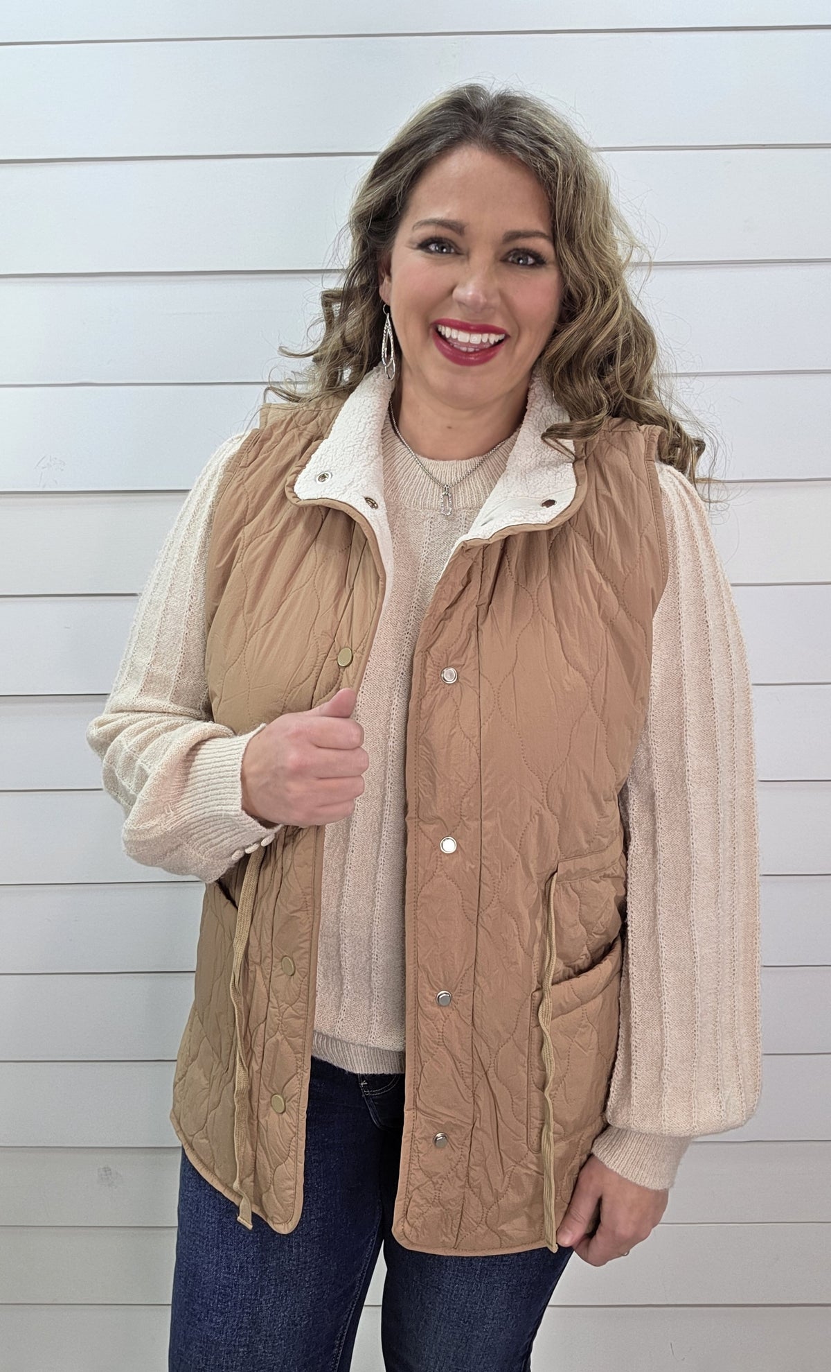 TAUPE FAUX FUR LINED SNAP BUTTON TIE VEST